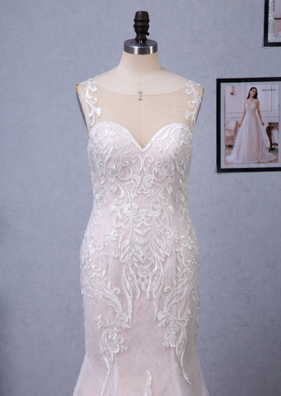 Wedding Dress Blush Illusion Neckline Lace Mermaid Gown