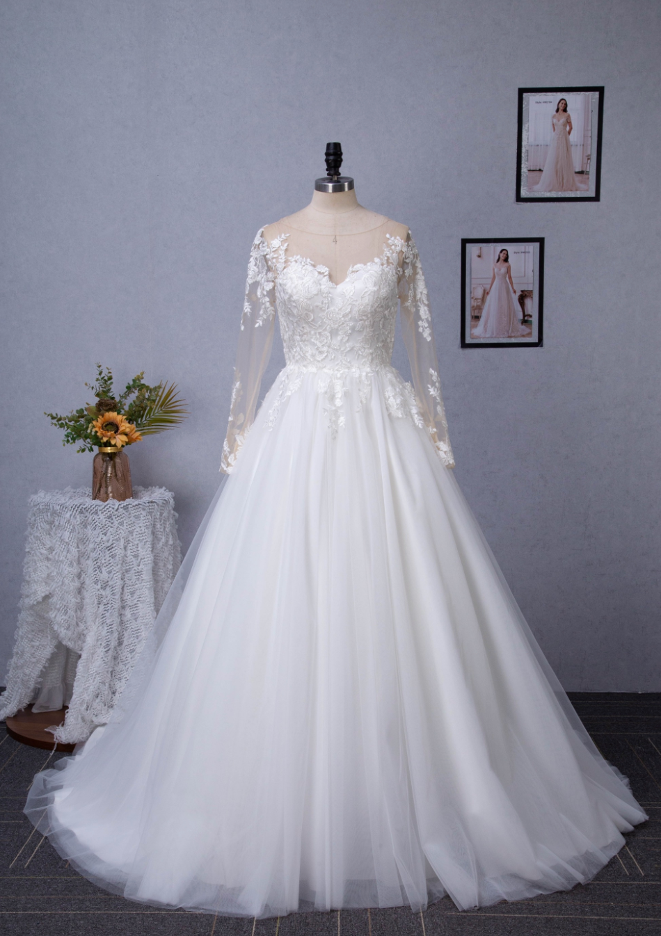 Illusion Long Sleeve Chapel Train Lace Wedding Dress