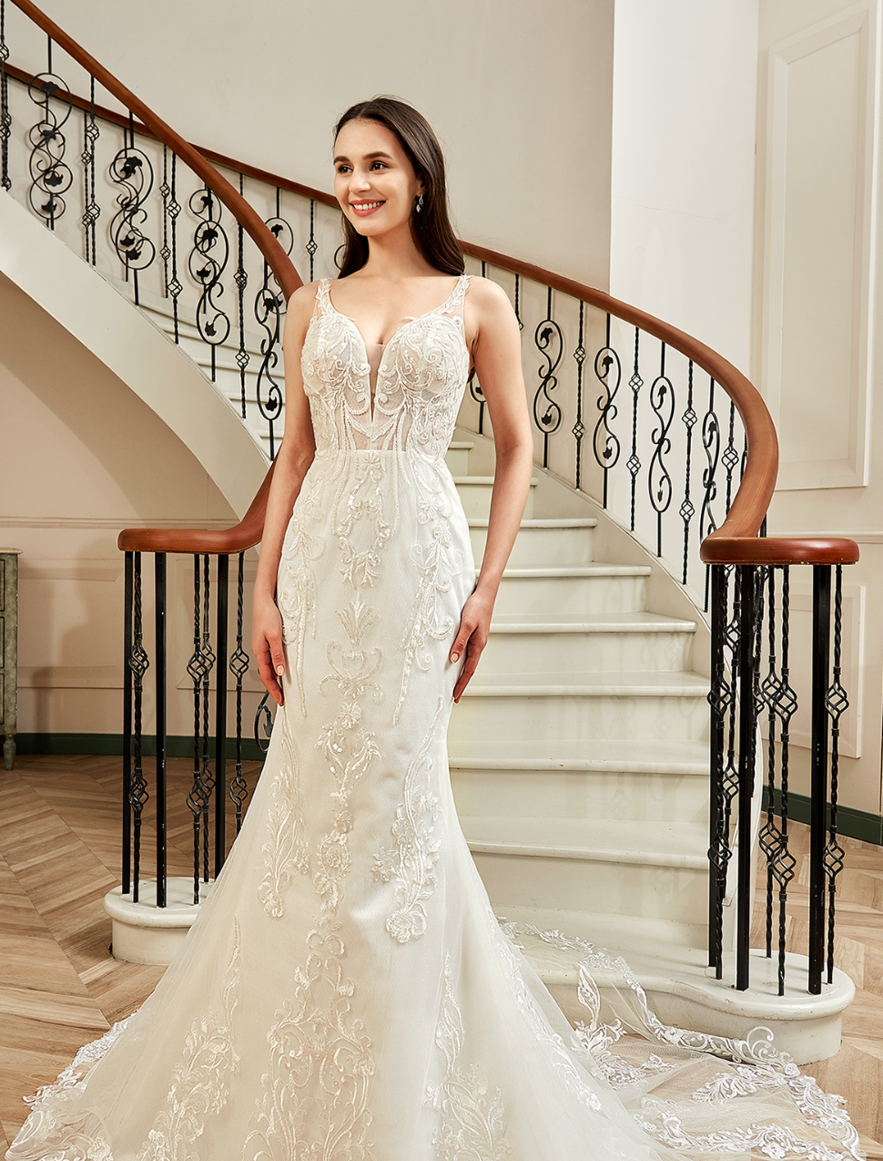Wedding Dress Illusion Back With Long Lace Tulle Train