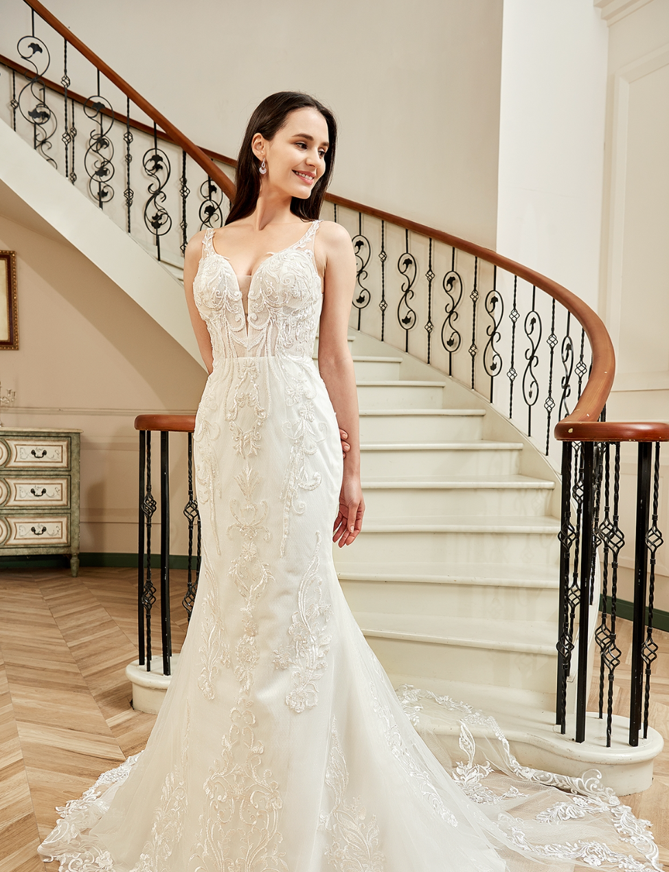 Wedding Dress Illusion Back With Long Lace Tulle Train