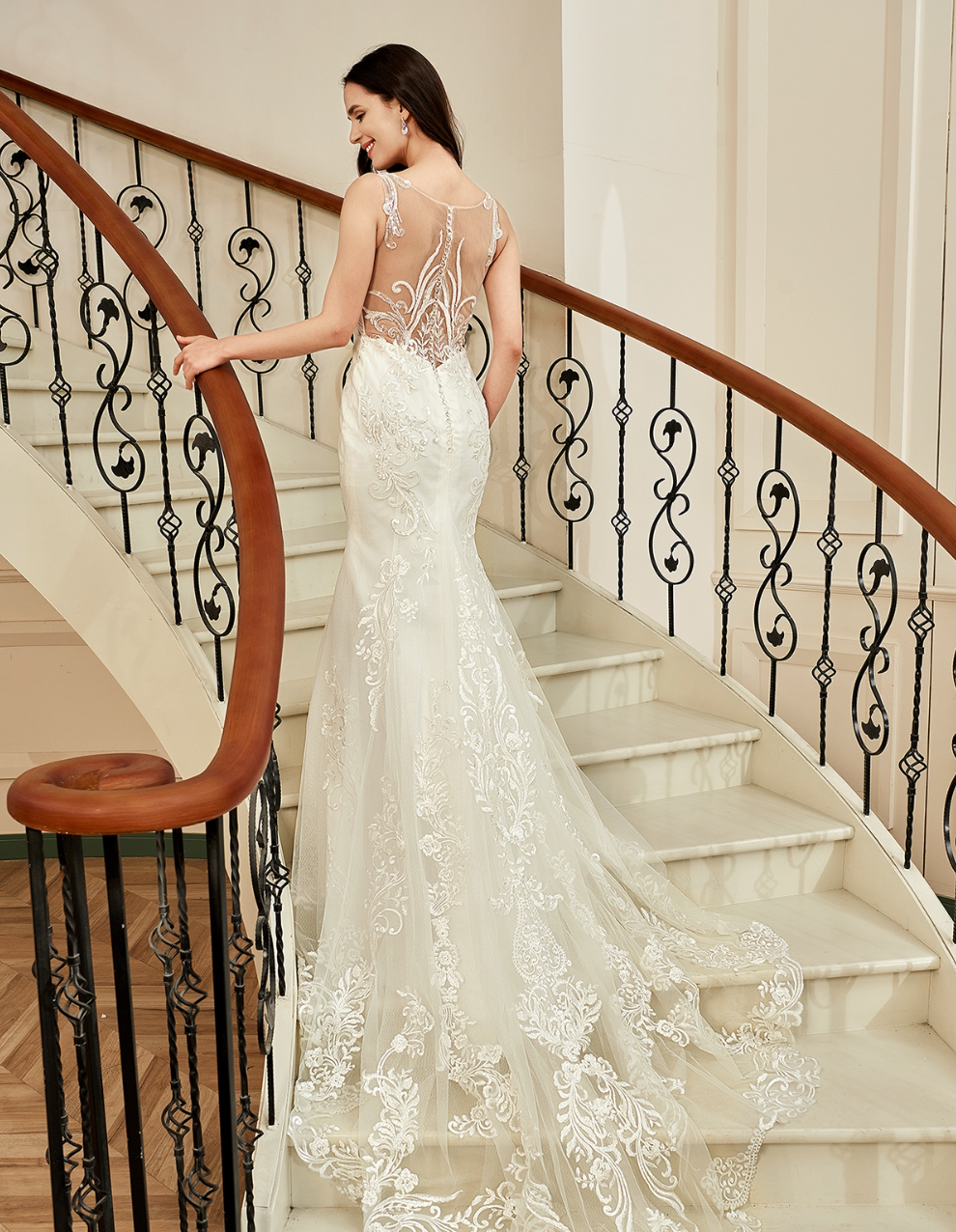 Wedding Dress Illusion Back With Long Lace Tulle Train