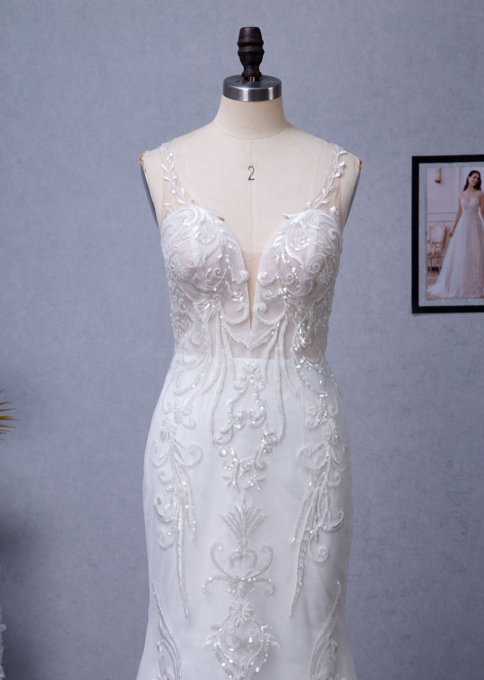 Wedding Dress Illusion Back With Long Lace Tulle Train