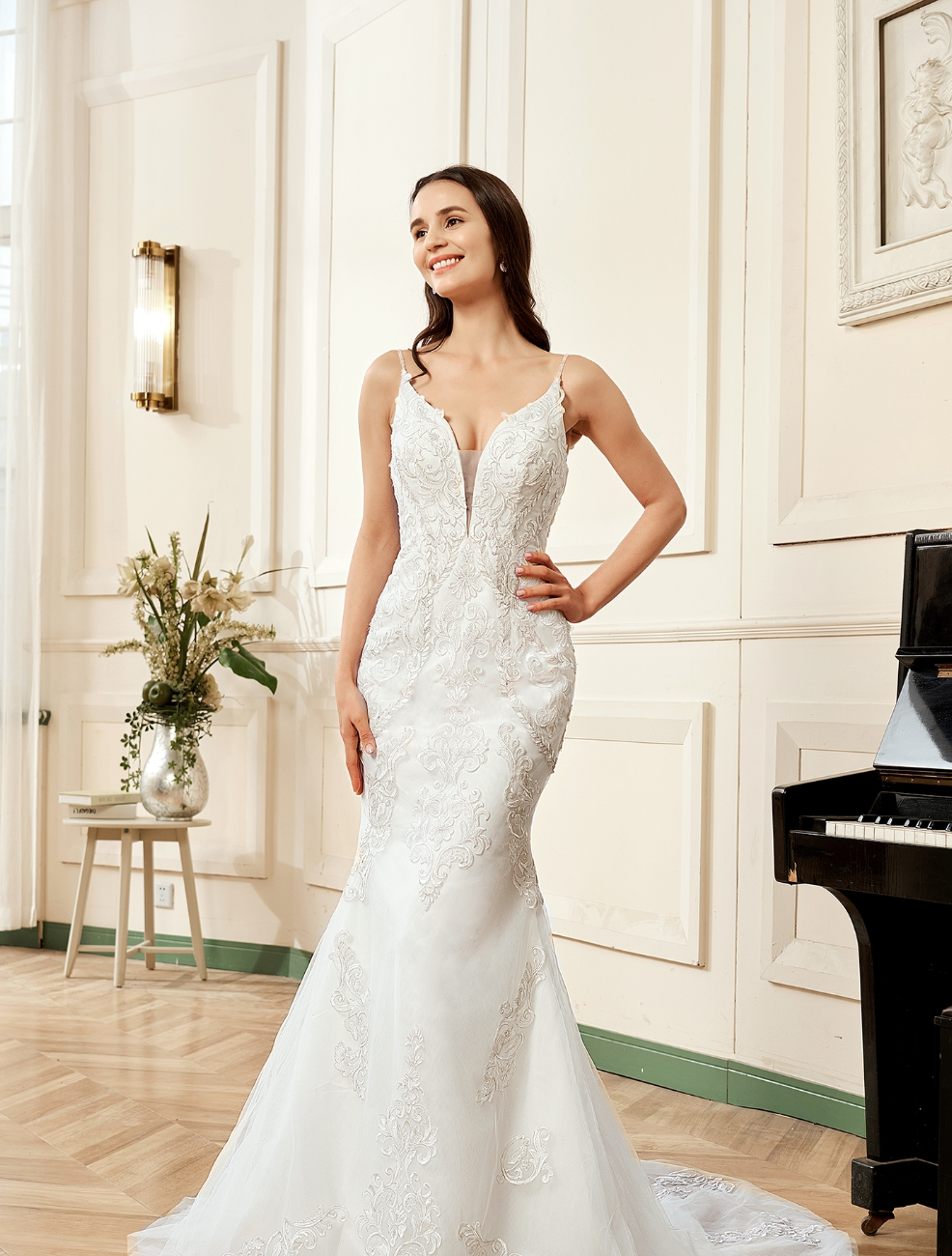 Wedding Dress Plunging V-Neck Embroidered Lace Court Train