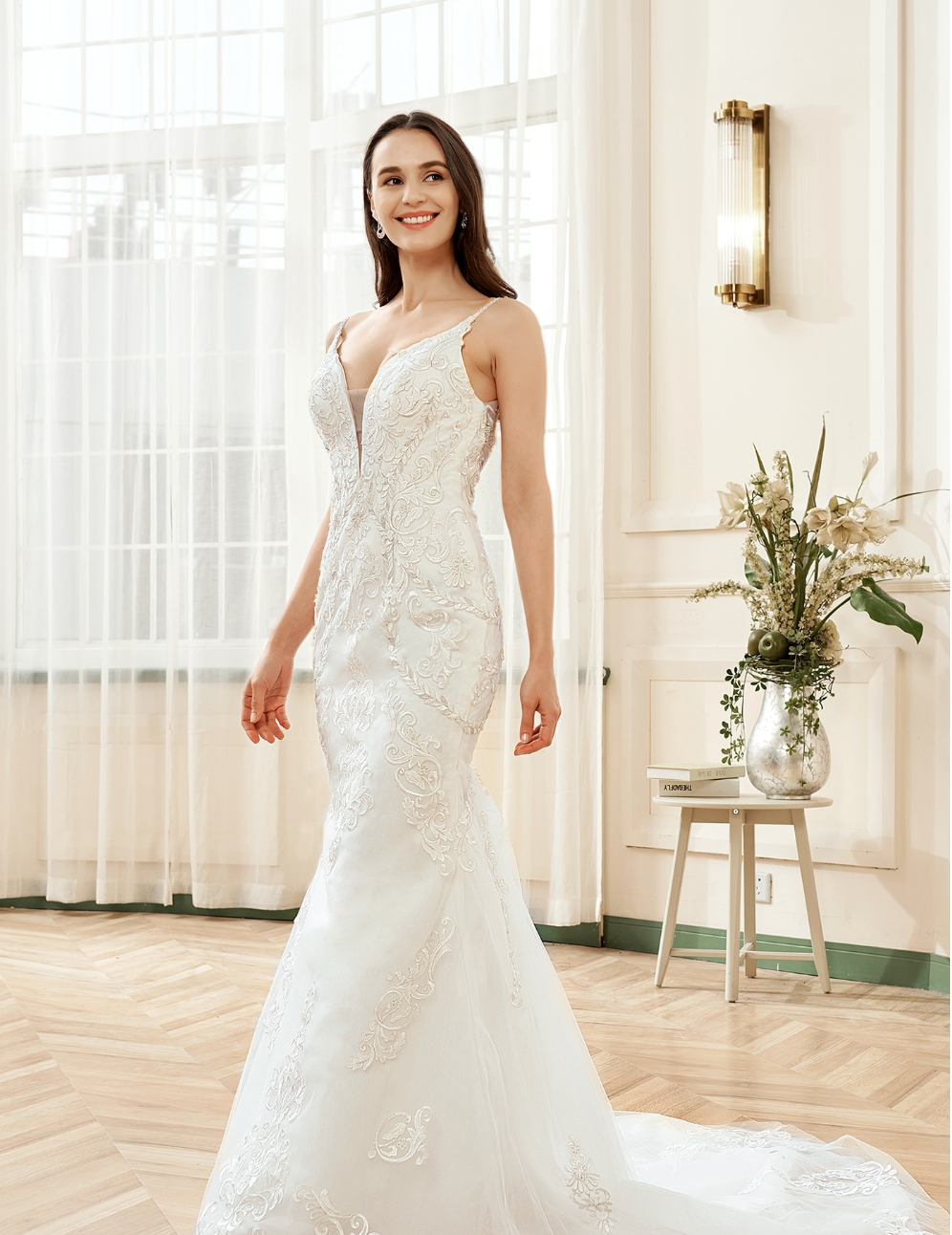 Wedding Dress Plunging V-Neck Embroidered Lace Court Train