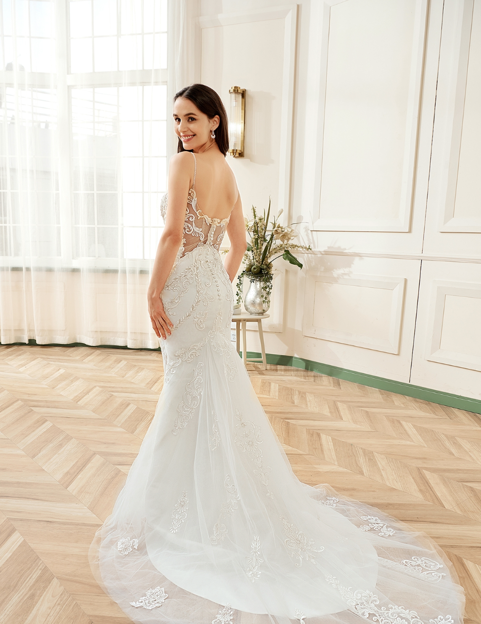 Wedding Dress Plunging V-Neck Embroidered Lace Court Train