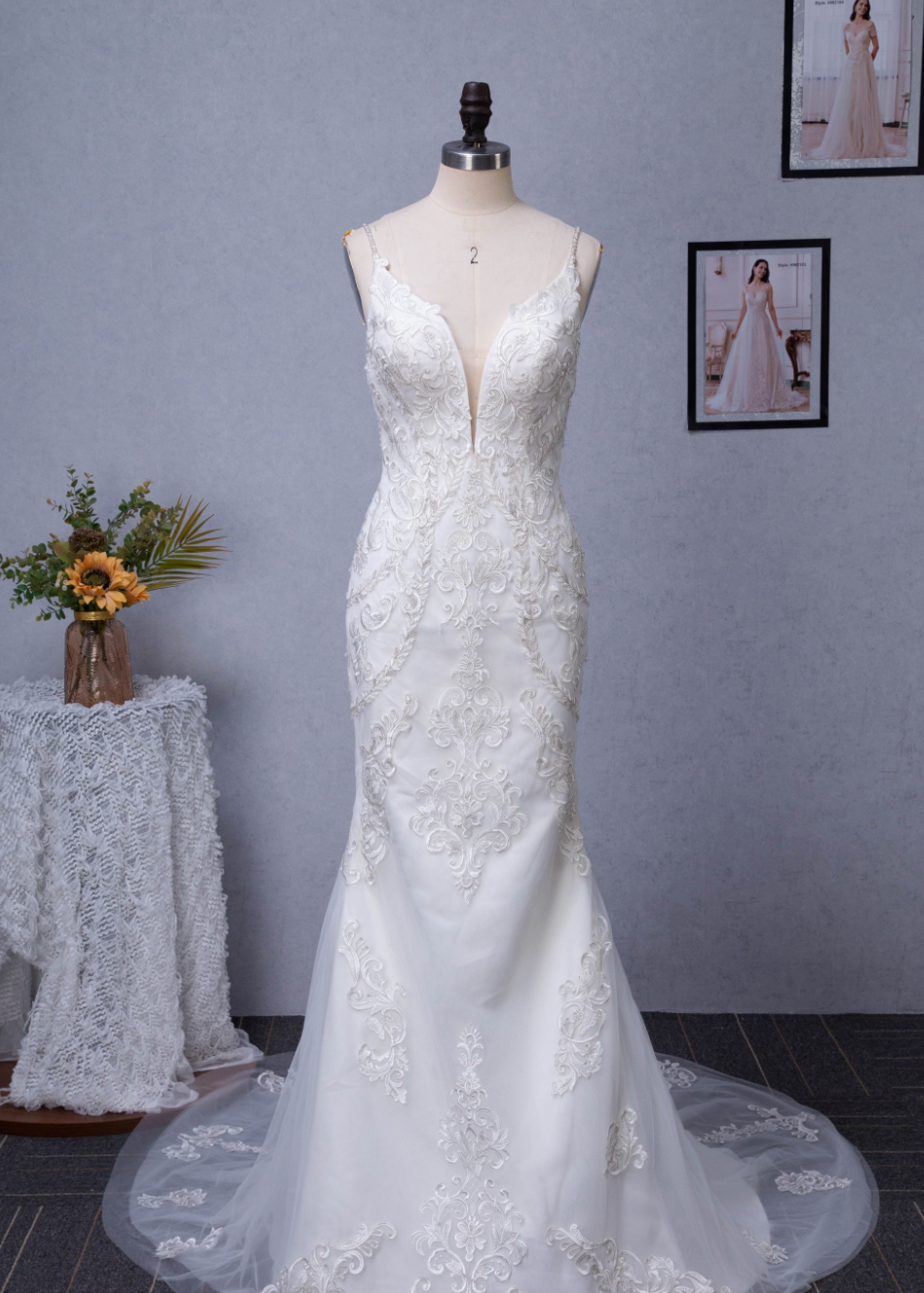 Wedding Dress Plunging V-Neck Embroidered Lace Court Train