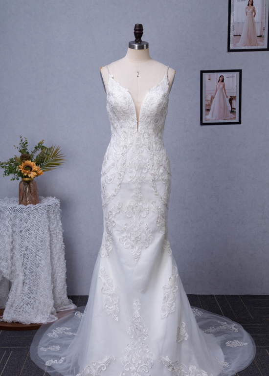 Plunging V-Neck Silver Embroidered Lace Court Train Wedding Dress