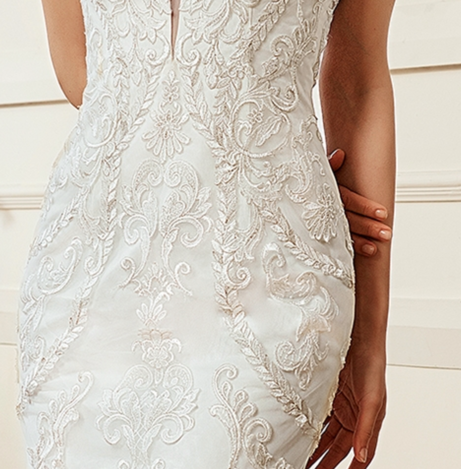 Wedding Dress Plunging V-Neck Embroidered Lace Court Train