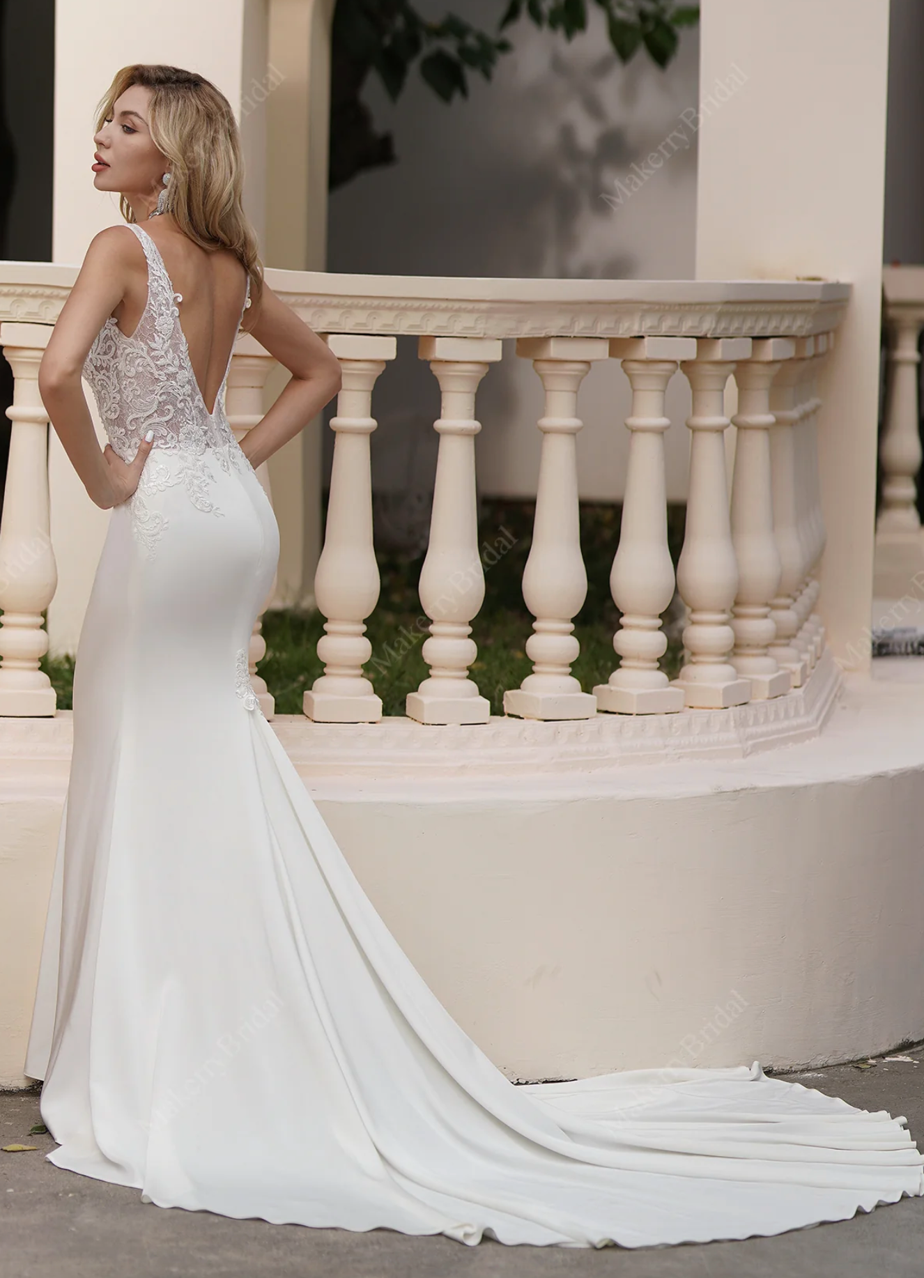 Wedding Dress Beaded Lace Satin Mermaid Bridal Gown With Train, One-of-a-kind wedding dress to flaunt your best bridal look. The illusion sheer strap V neck