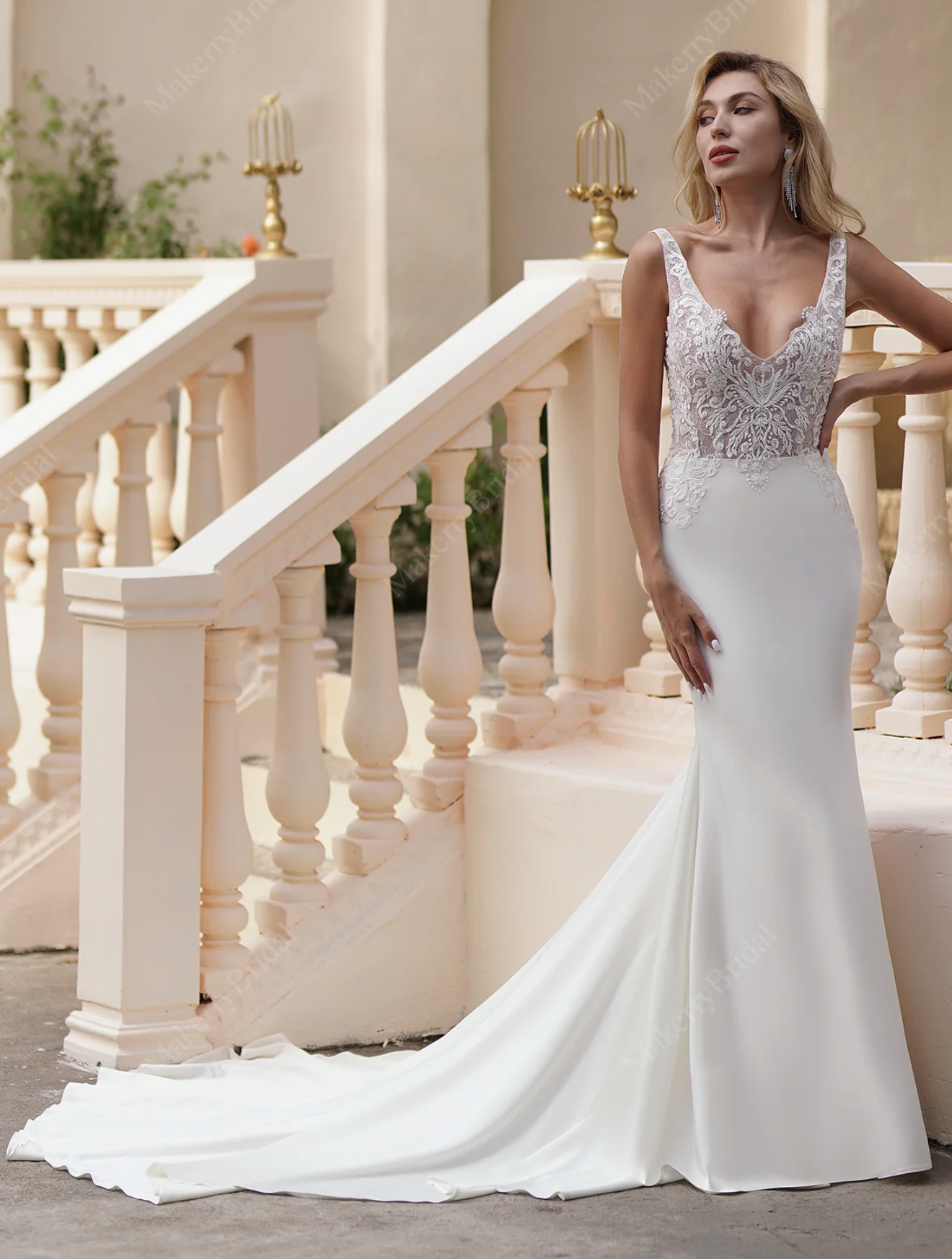 Wedding Dress Beaded Lace Satin Mermaid Bridal Gown With Train, One-of-a-kind wedding dress to flaunt your best bridal look. The illusion sheer strap V neck