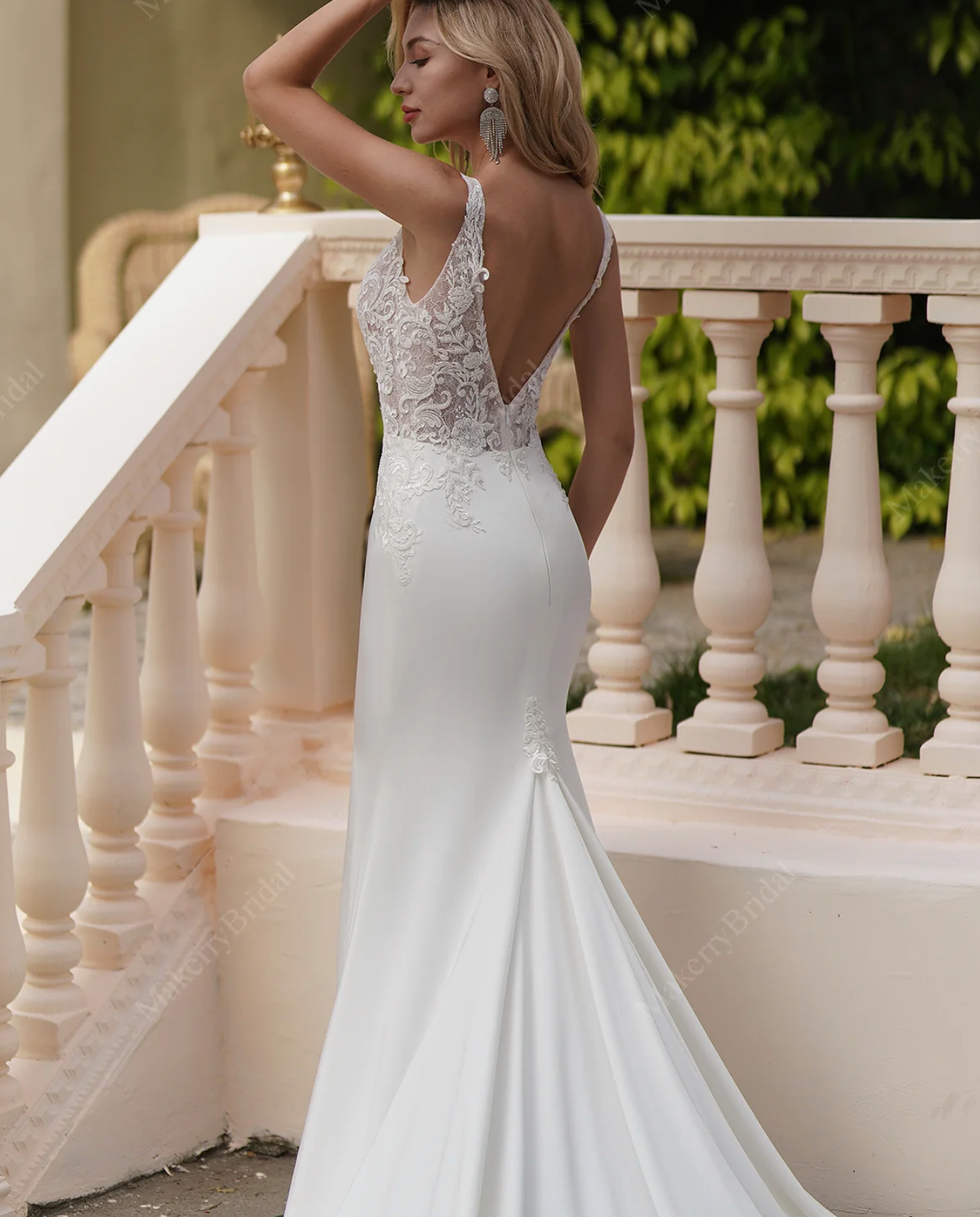 Wedding Dress Beaded Lace Satin Mermaid Bridal Gown With Train, One-of-a-kind wedding dress to flaunt your best bridal look. The illusion sheer strap V neck