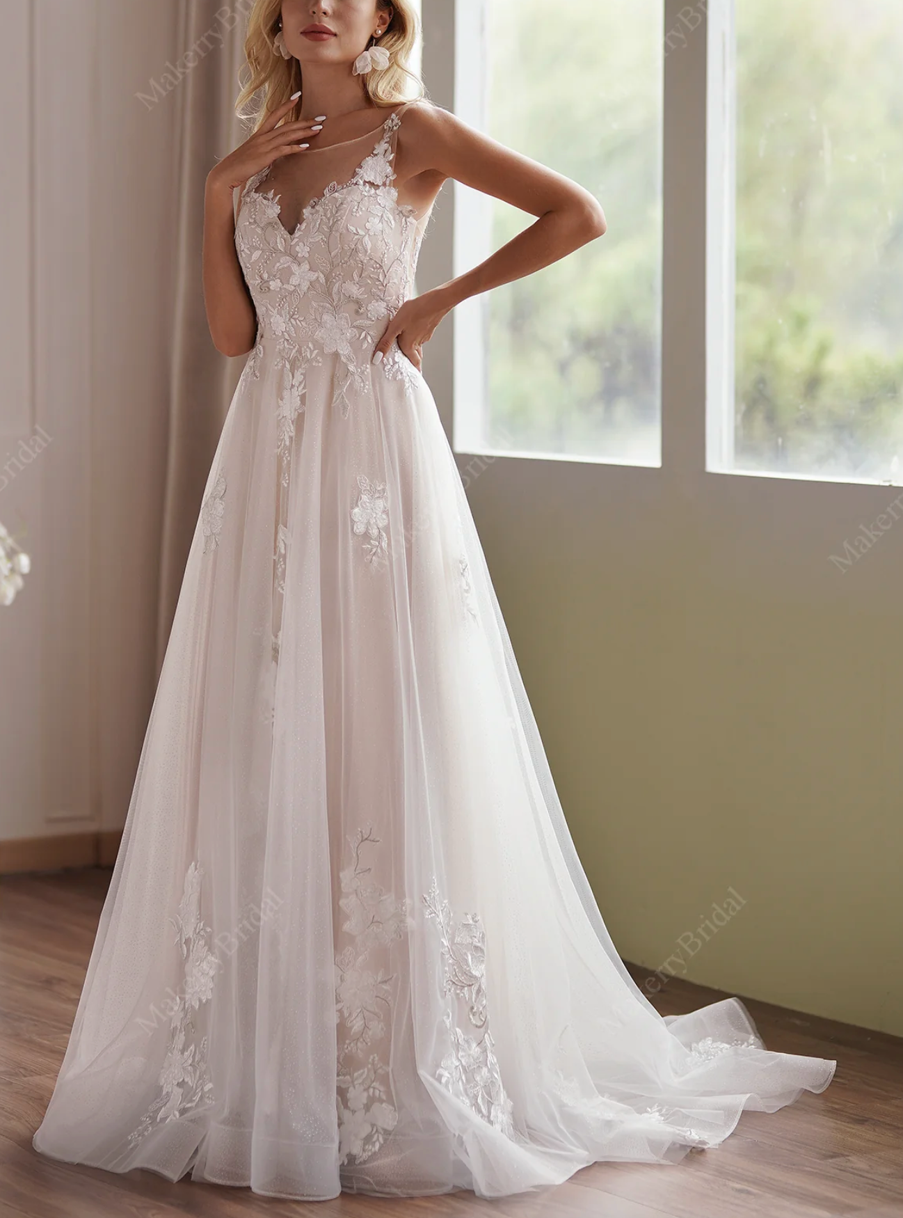 Romantic Beaded Lace Illusion Back Bridal Gown
