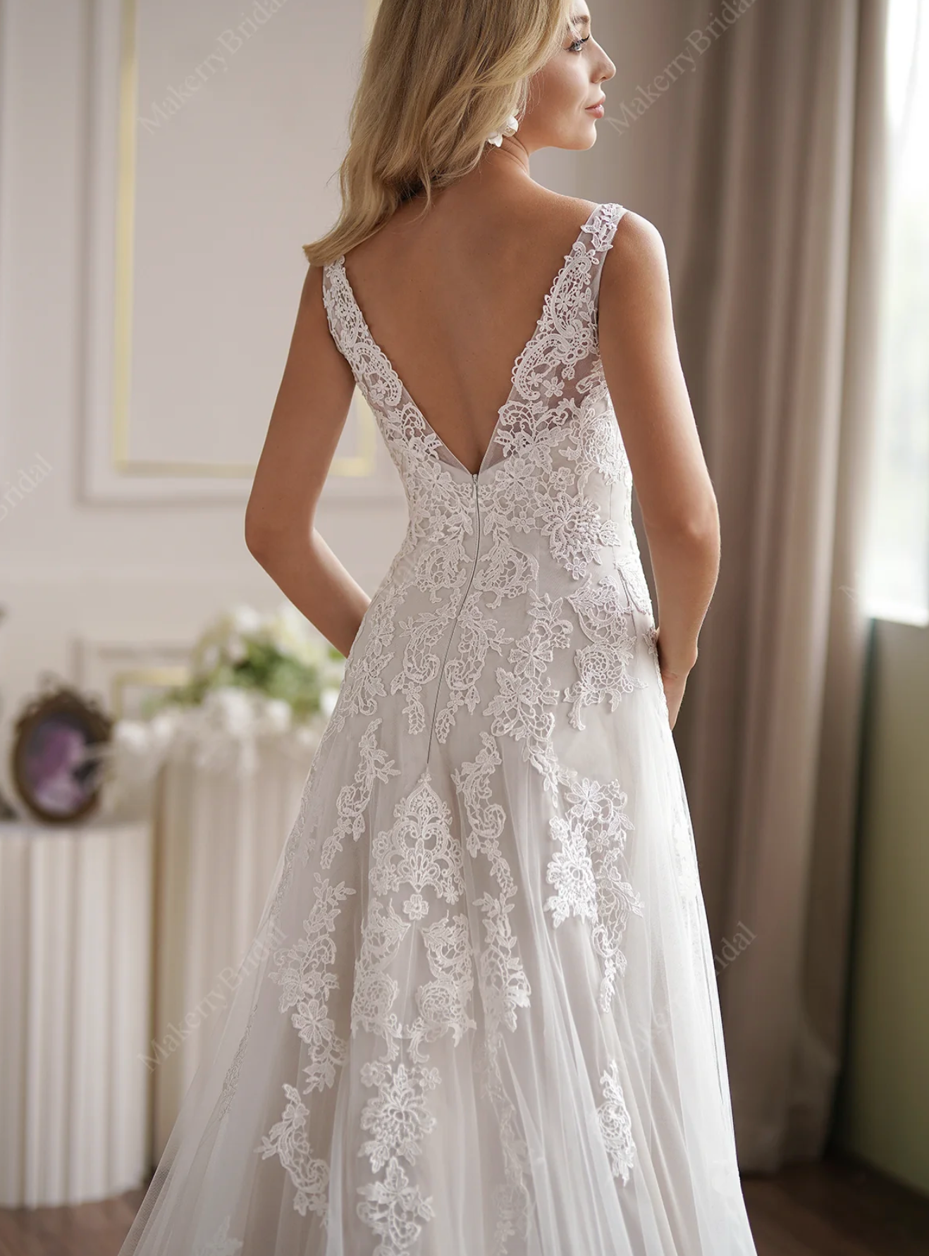 Romantic Strap V-Neck Fit & Flare Wedding Dress