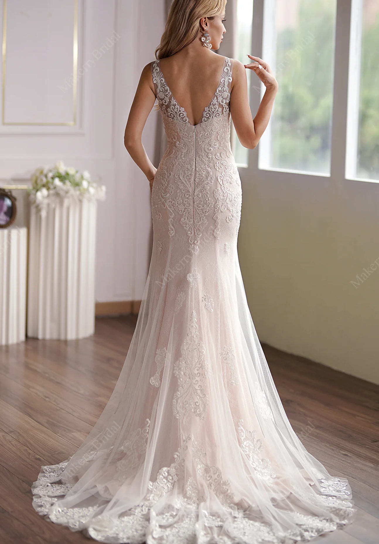 Wedding Dress Blush Beaded Lace Tulle Mermaid Bridal Gown, Floral beaded lace appliques cover along sleeveless V-neck bodice to fitted and flare