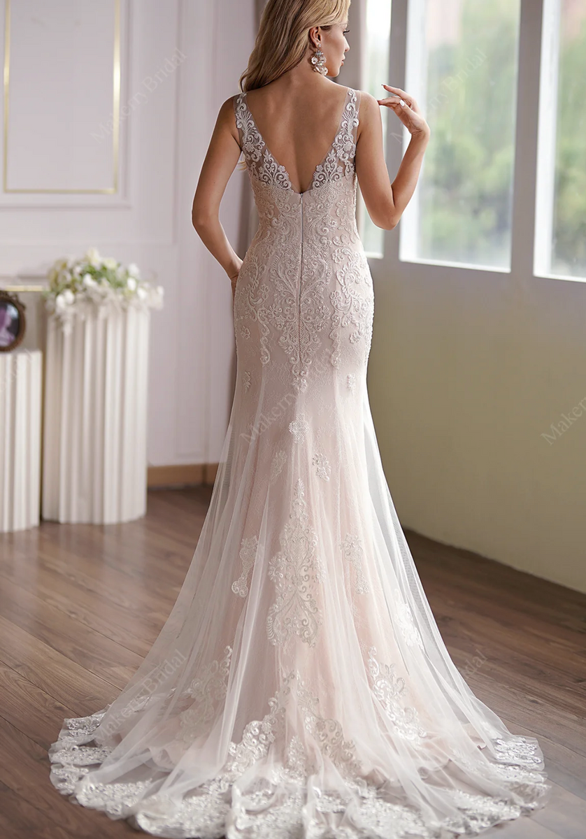 Luxurious Blush V-Neck Beaded Mermaid Bridal Gown – TulleLux Bridal Crowns  & Accessories