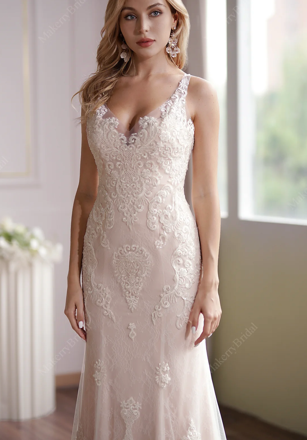 Wedding Dress Blush Beaded Lace Tulle Mermaid Bridal Gown, Floral beaded lace appliques cover along sleeveless V-neck bodice to fitted and flare