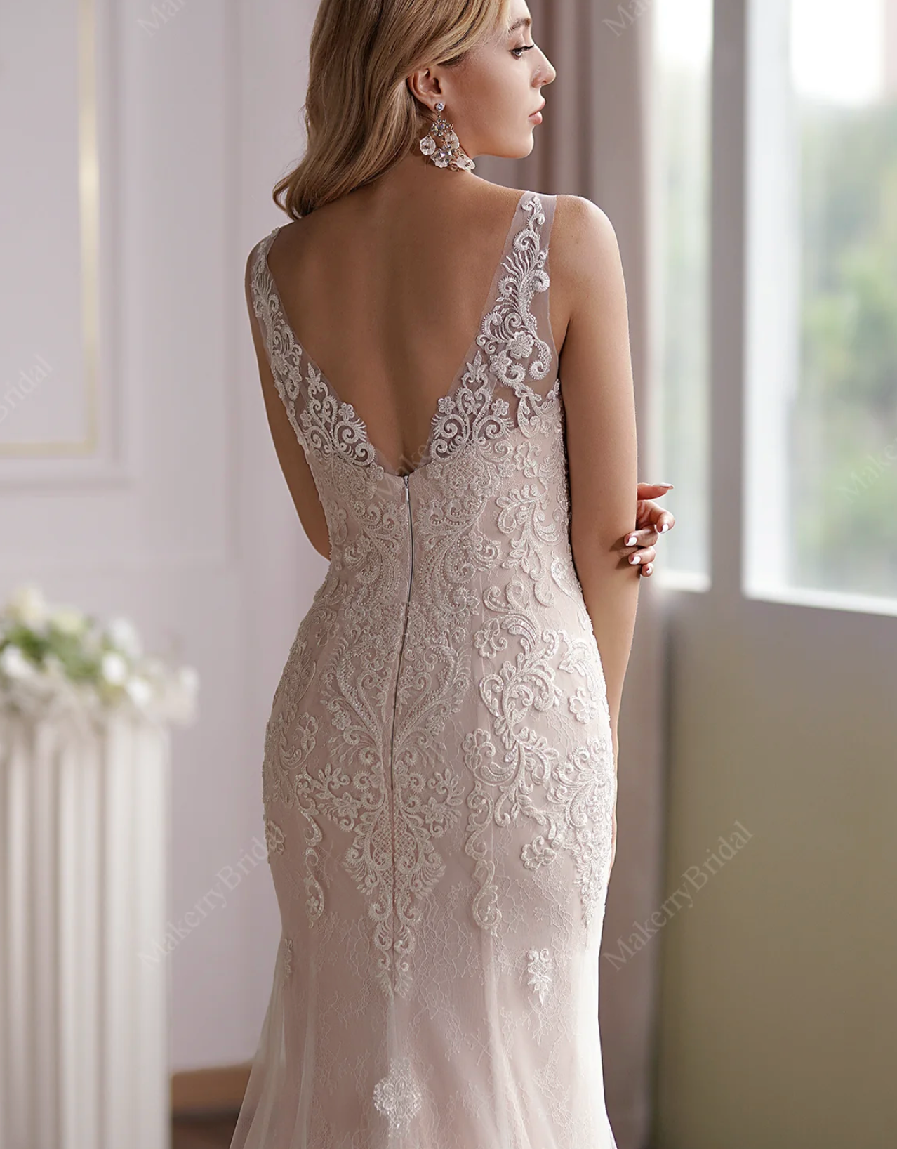 Wedding Dress Blush Beaded Lace Tulle Mermaid Bridal Gown, Floral beaded lace appliques cover along sleeveless V-neck bodice to fitted and flare