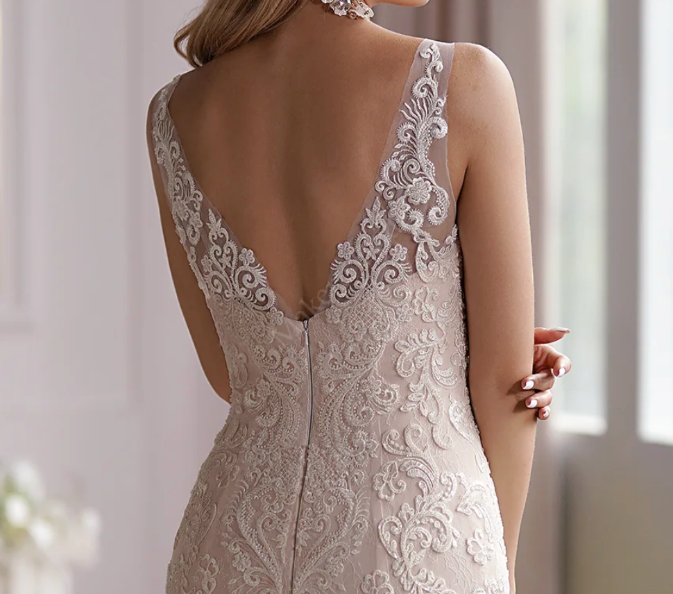 Wedding Dress Blush Beaded Lace Tulle Mermaid Bridal Gown, Floral beaded lace appliques cover along sleeveless V-neck bodice to fitted and flare