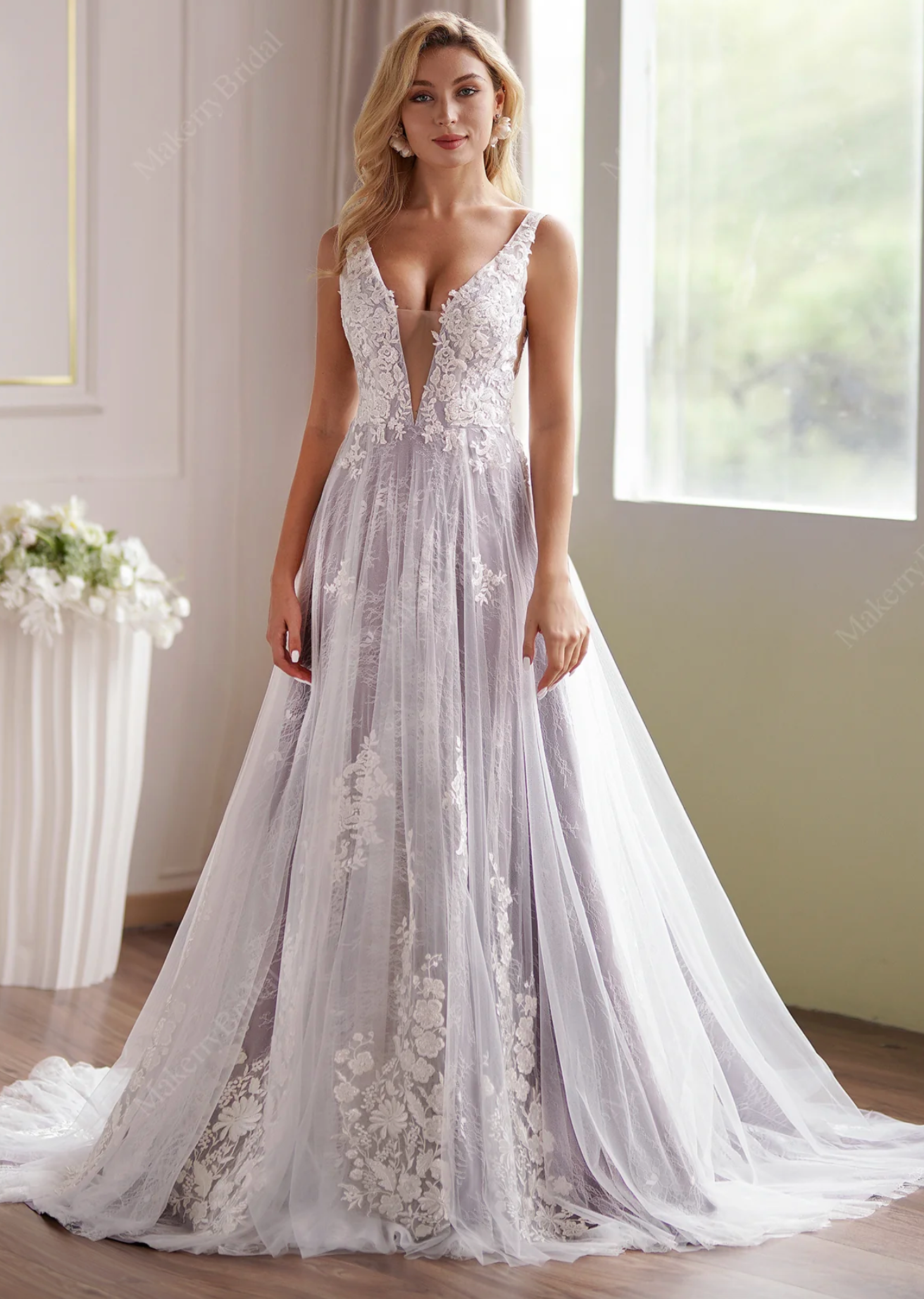 Wedding Dress Lavender Plunge Neckline Beaded Lace Bridal – Tulle