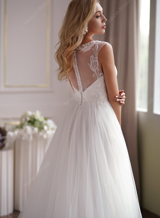 Illusion Cap Sleeve Beaded Lace Tulle Wedding Dress