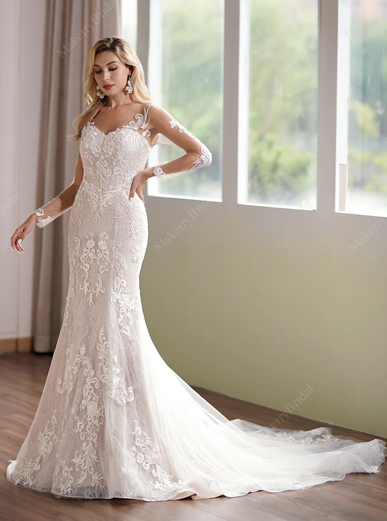 Long Sleeve Lace Appliques Bridal Dress With Illusion Back