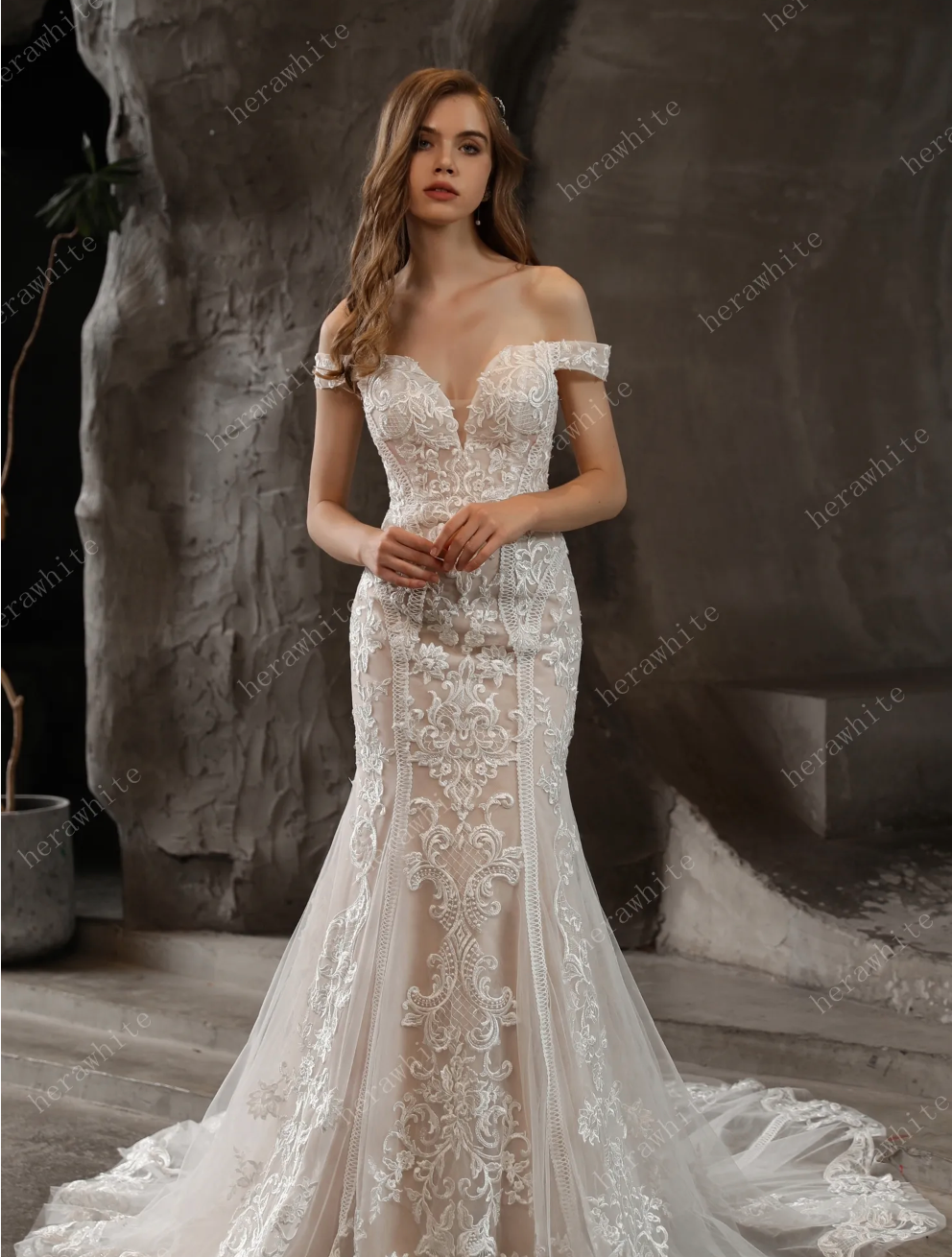 Lace Wedding Dress Glitter Tulle Bridal Gown with Detachable Train,  all is possible in this lace bridal dress in a soft, statuesque, and ultra-flattering silhouette