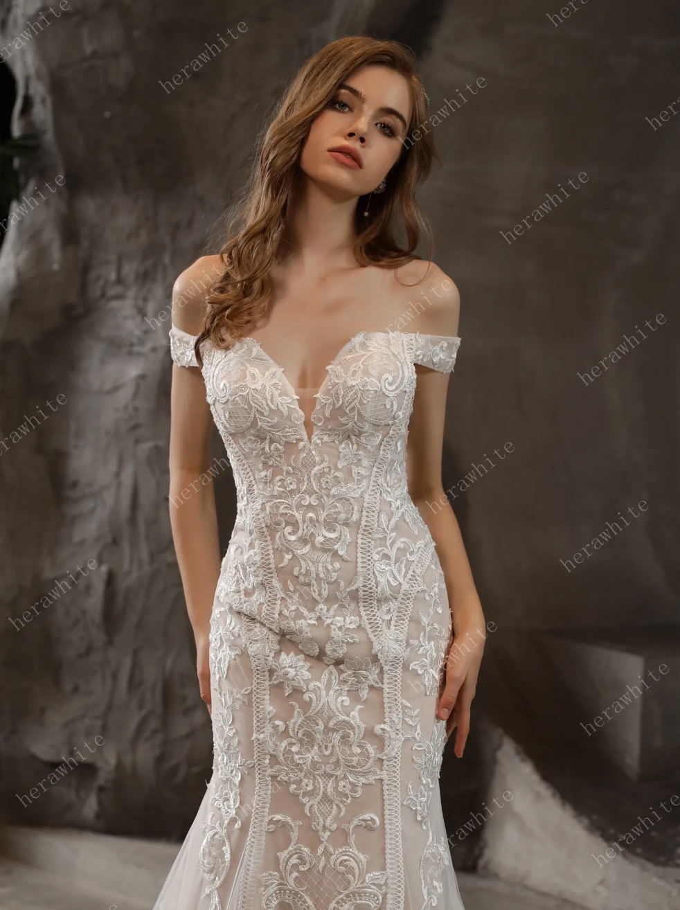 Lace Wedding Dress Glitter Tulle Bridal Gown with Detachable Train,  all is possible in this lace bridal dress in a soft, statuesque, and ultra-flattering silhouette
