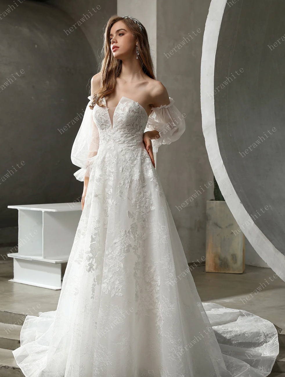 Floral Lace Wedding Dress Detachable Puff Sleeves A Line Bridal Gown,  turn heads in this soft luxe bridal look. A strapless sweetheart neckline features a dramati