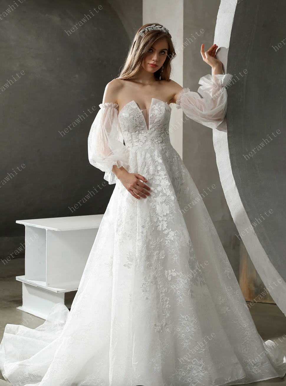 Floral Lace Wedding Dress Detachable Puff Sleeves A Line Bridal Gown,  turn heads in this soft luxe bridal look. A strapless sweetheart neckline features a dramati
