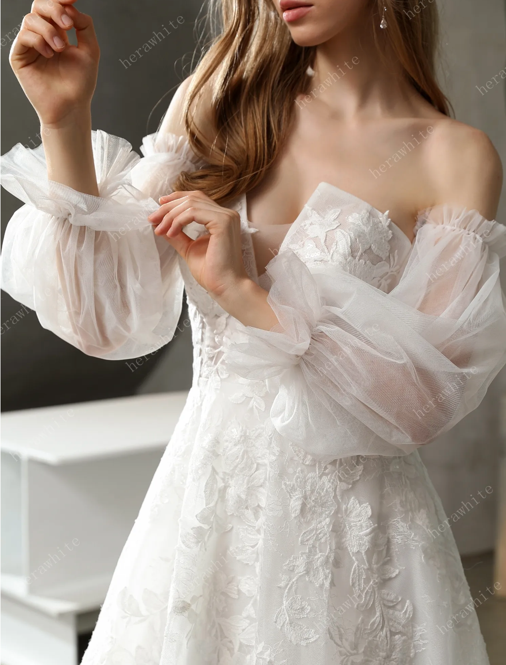 Floral Lace Wedding Dress Detachable Puff Sleeves A Line Bridal Gown,  turn heads in this soft luxe bridal look. A strapless sweetheart neckline features a dramati