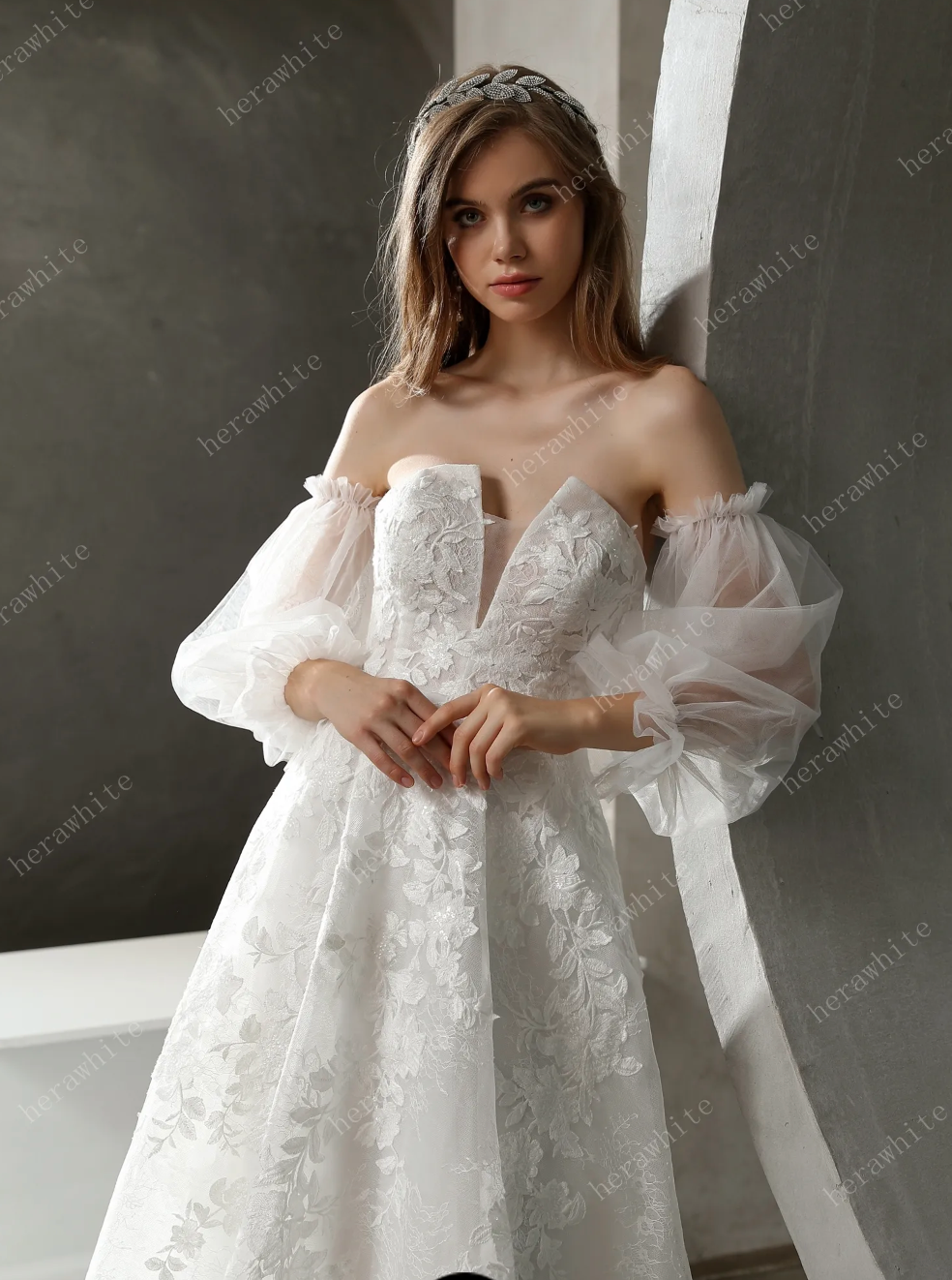 Floral Lace Wedding Dress Detachable Puff Sleeves A Line Bridal Gown,  turn heads in this soft luxe bridal look. A strapless sweetheart neckline features a dramati