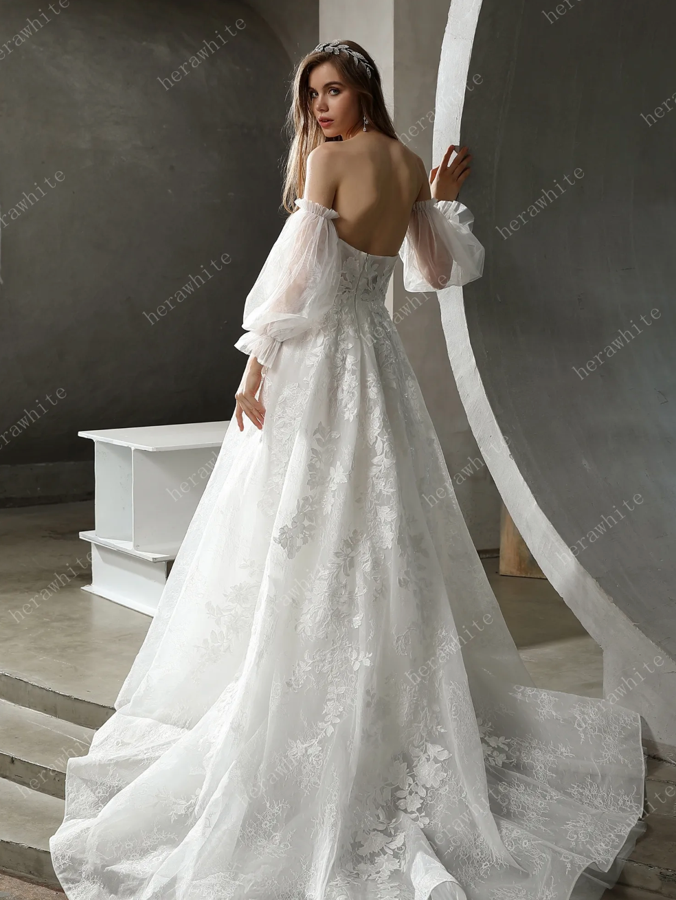 Floral Lace Wedding Dress Detachable Puff Sleeves A Line Bridal Gown,  turn heads in this soft luxe bridal look. A strapless sweetheart neckline features a dramati