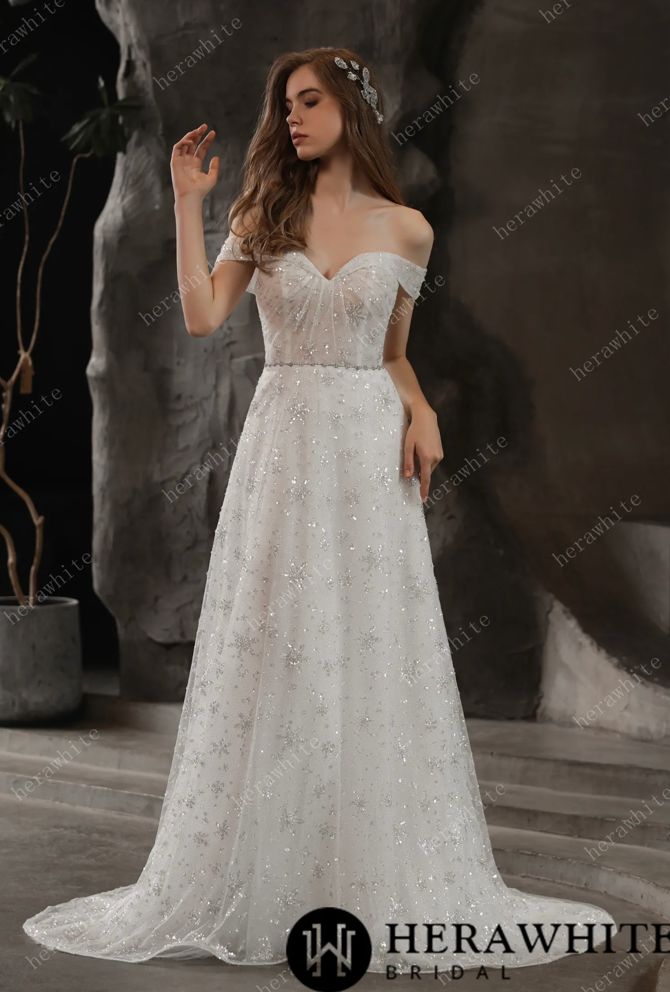 Off The Shoulder Sparkly Beaded Lace A Line Bridal Gown