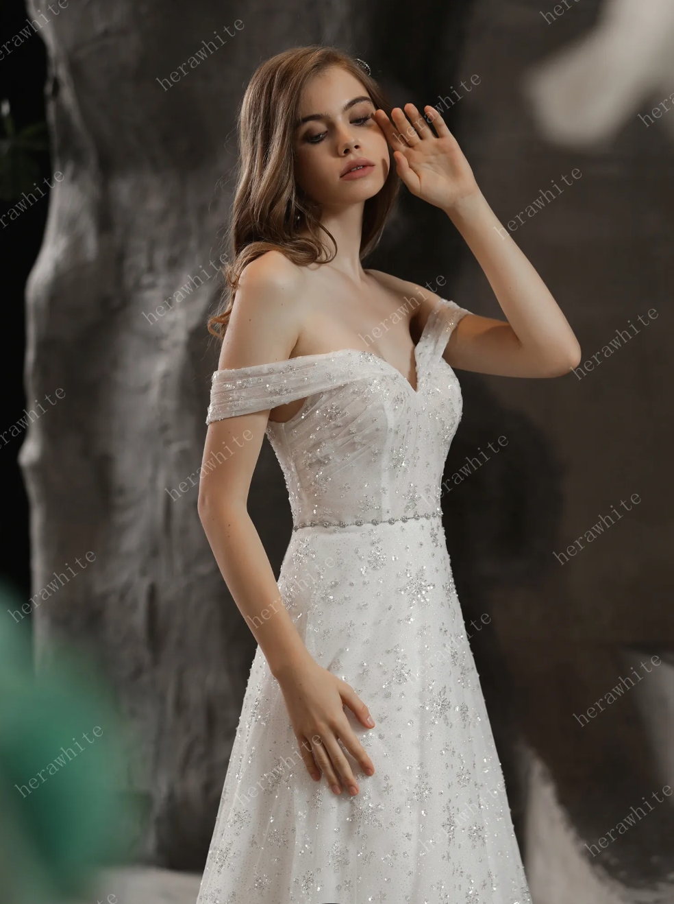 Sparkly Beaded Lace A Line Bridal Gown With Off the Shoulder Neckline