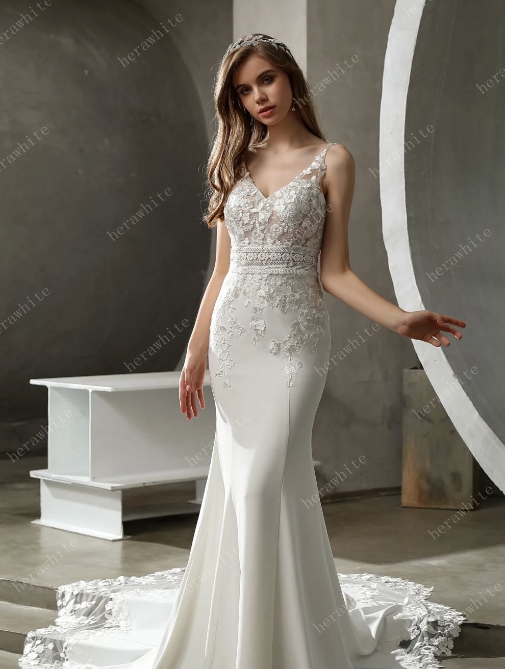 Lace Crepe Wedding Dress Scalloped Train Bridal Gown,  the soft crepe fit and flare wedding gown shows your feminine touches. With an illusion bodice