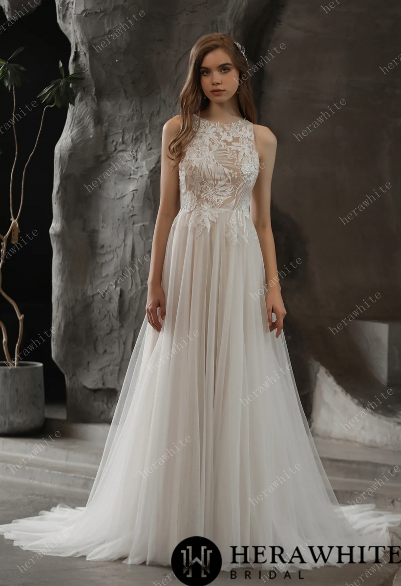 AT4630 - Bateau Illusion Neckline Wedding Dress with Sweetheat Lace Bodice  & A Line Skirt