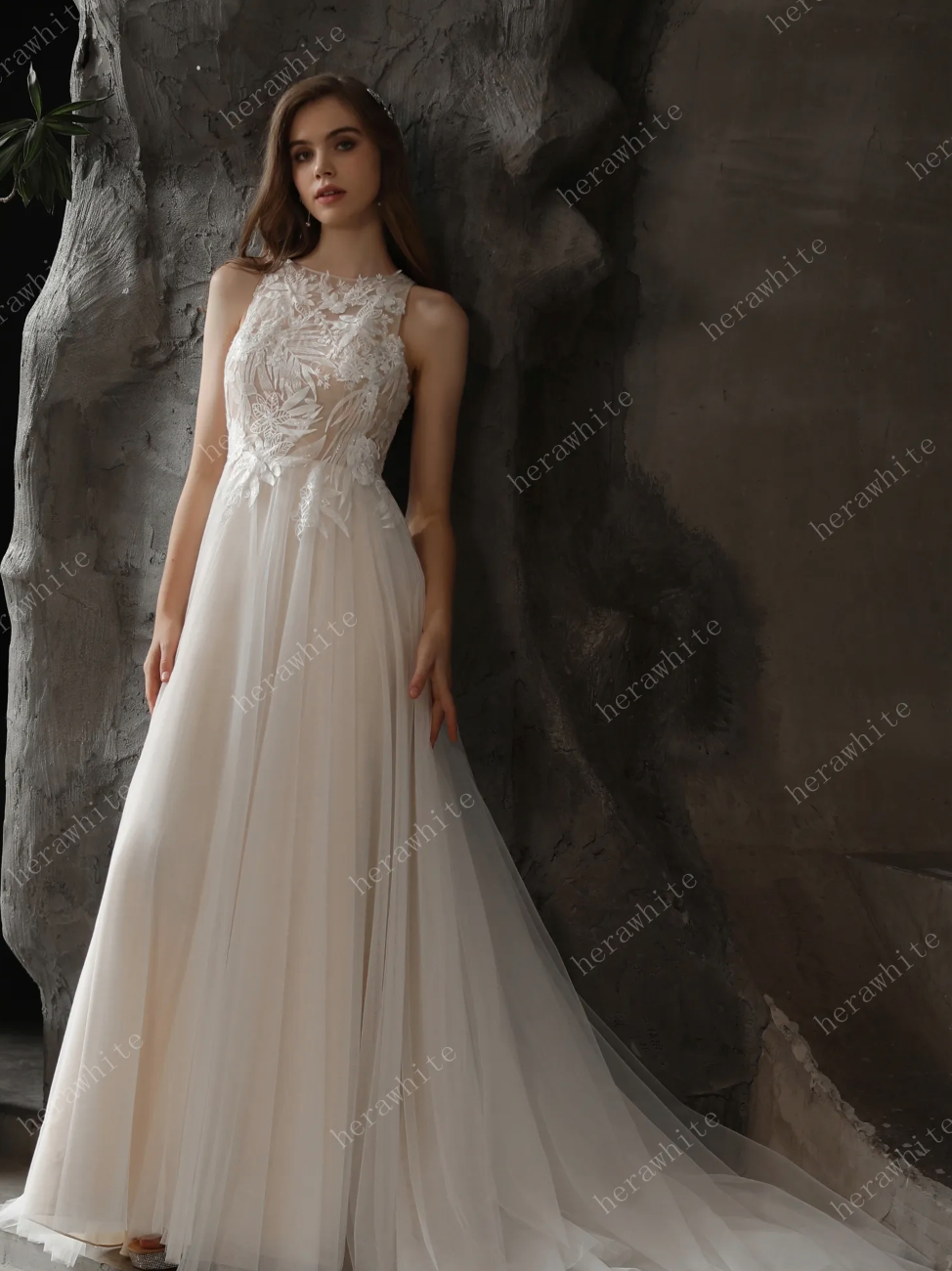 Sequined Lace Wedding Dress A Line Tulle Bridal Gown,  this A-line wedding dress is for the romantic bride wanting some shimmer on her big day.