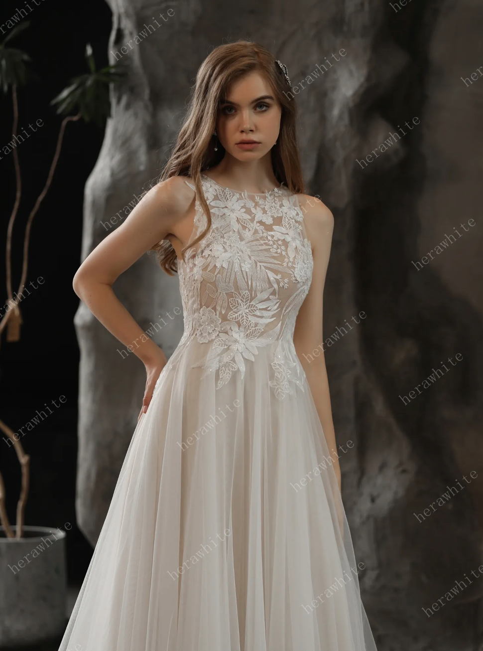 Sequined Lace Wedding Dress A Line Tulle Bridal Gown,  this A-line wedding dress is for the romantic bride wanting some shimmer on her big day.