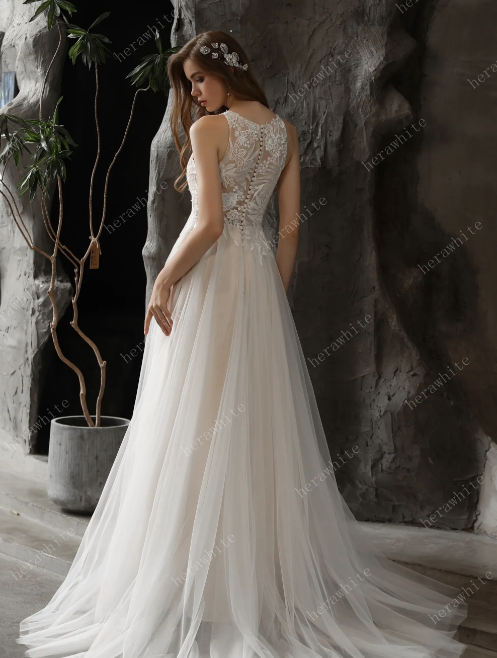 Sequined Lace Wedding Dress A Line Tulle Bridal Gown,  this A-line wedding dress is for the romantic bride wanting some shimmer on her big day.