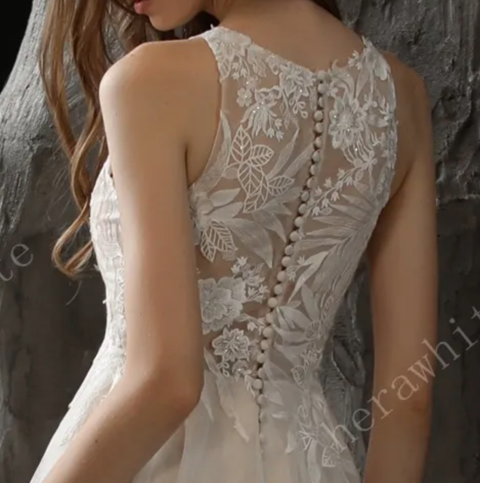 Sequined Lace Wedding Dress A Line Tulle Bridal Gown,  this A-line wedding dress is for the romantic bride wanting some shimmer on her big day.