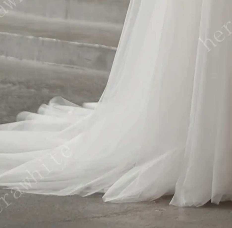 Sequined Lace Wedding Dress A Line Tulle Bridal Gown,  this A-line wedding dress is for the romantic bride wanting some shimmer on her big day.