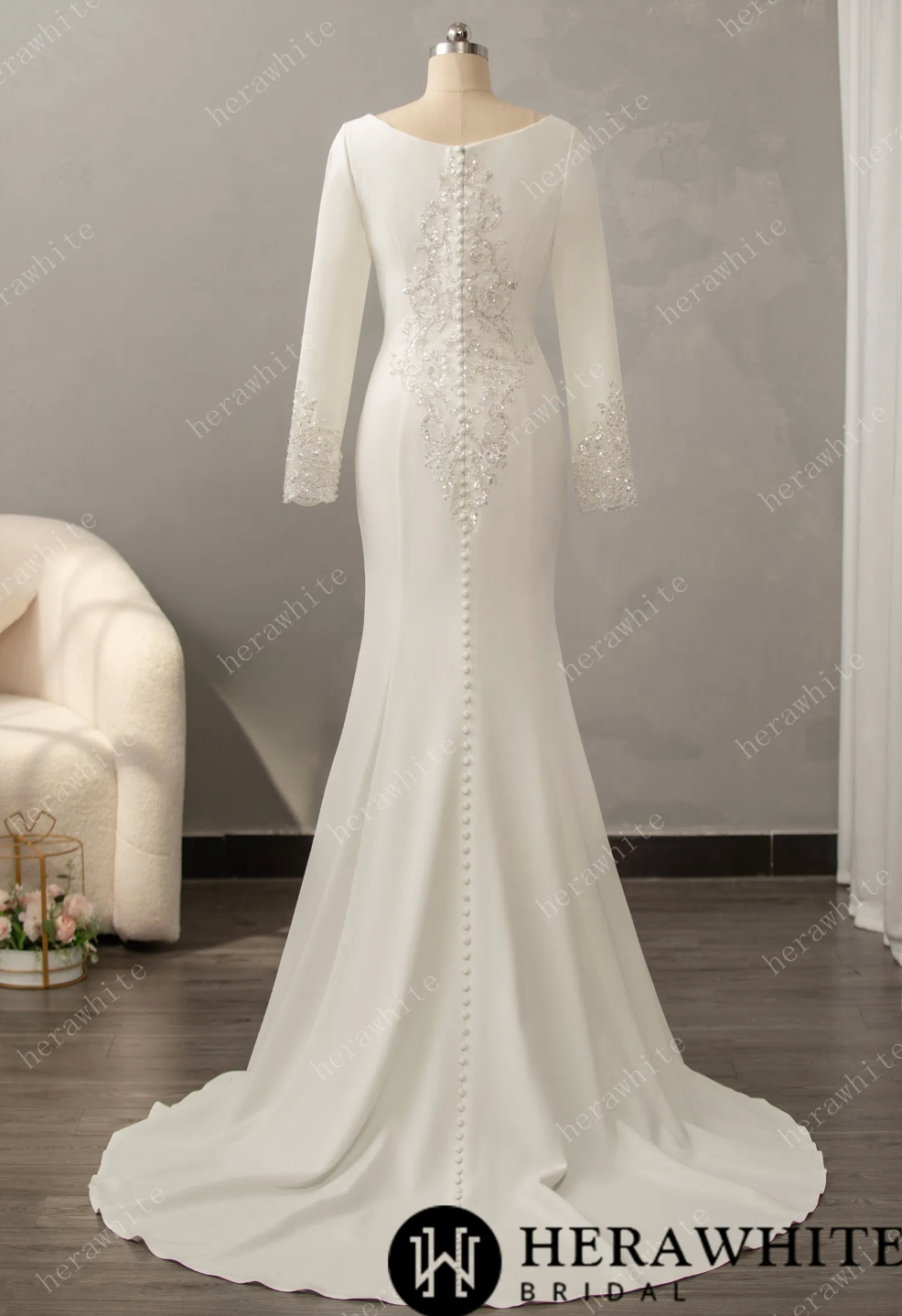 Long Sleeve Crepe Bateau Wedding Dress with Beaded Back