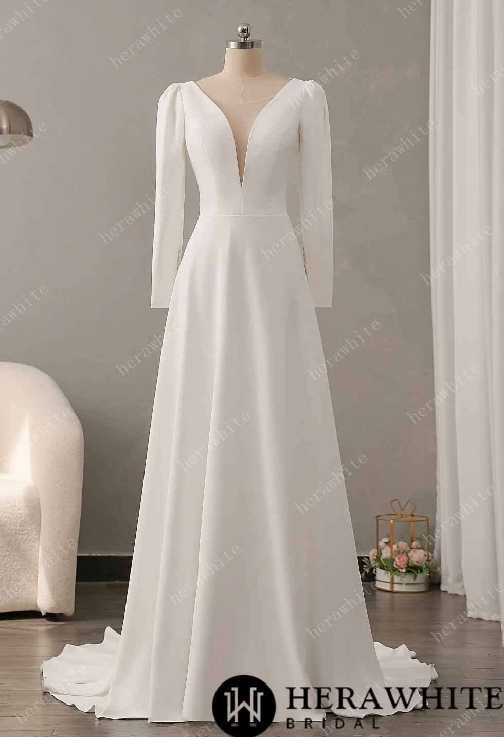 A Line Tulle Crepe Wedding Dress Sweep Train Bridal Gown, simple, modern, a line skinny plunge neckline is striking yet modest,