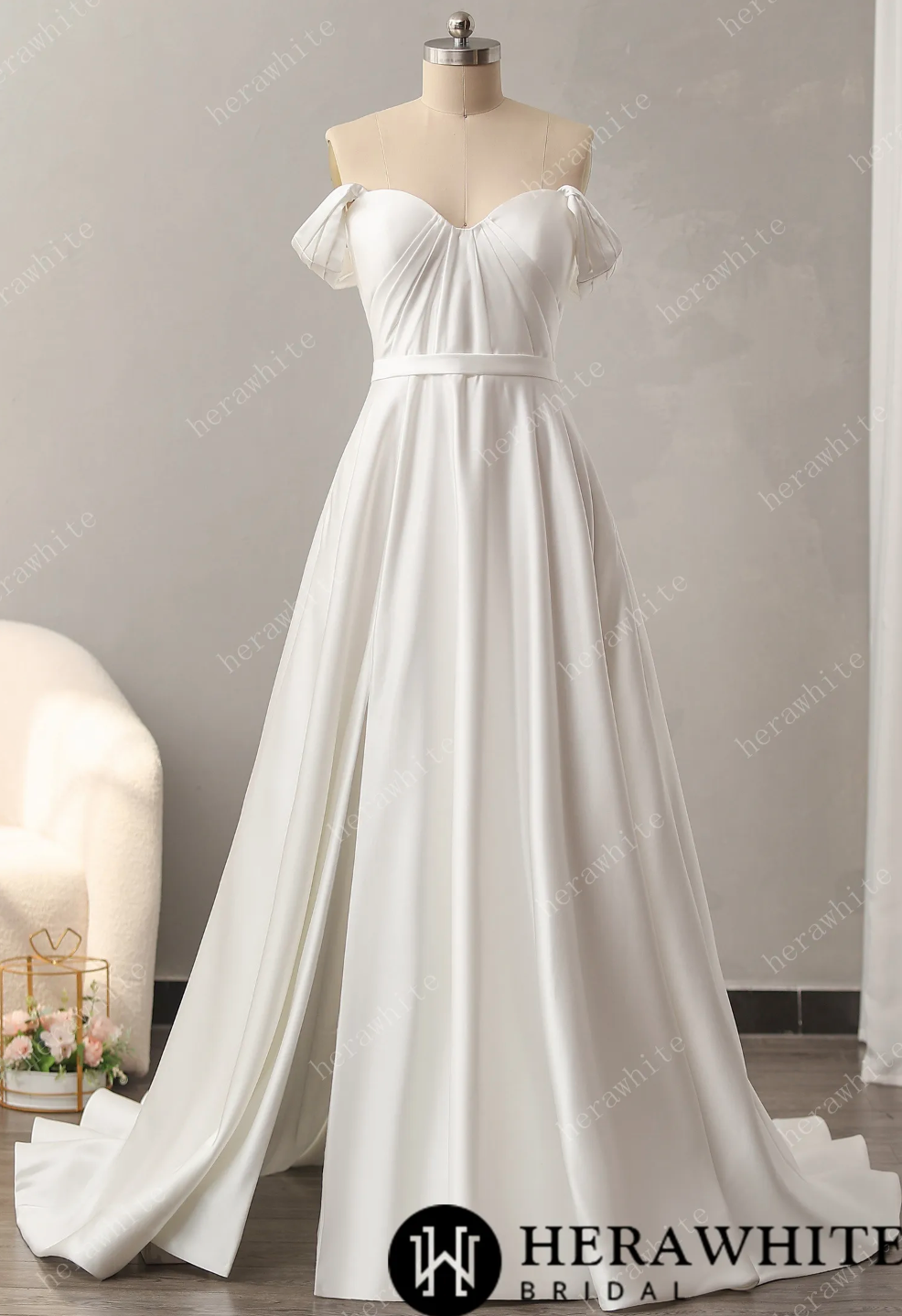 Satin A-Line Wedding Dress Side Slit Full Train Bridal Gown, treat the aisle like your personal runway in this show-stopping wedding dress of satin