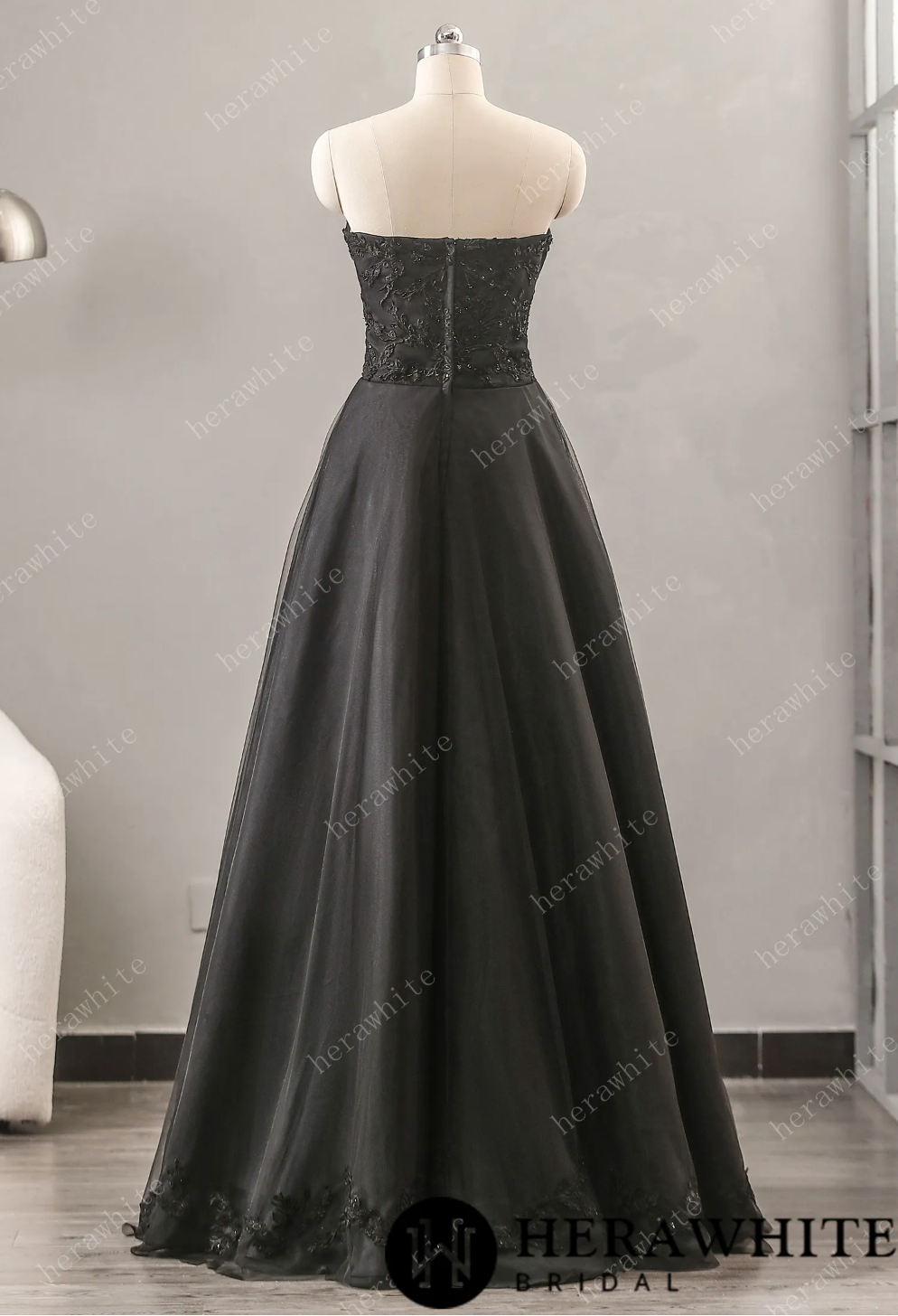 Black Strapless Wedding Dress A Line Tulle Satin Bridal Gown, this soft wedding dress has a chic corset bodice with artfully placed lace