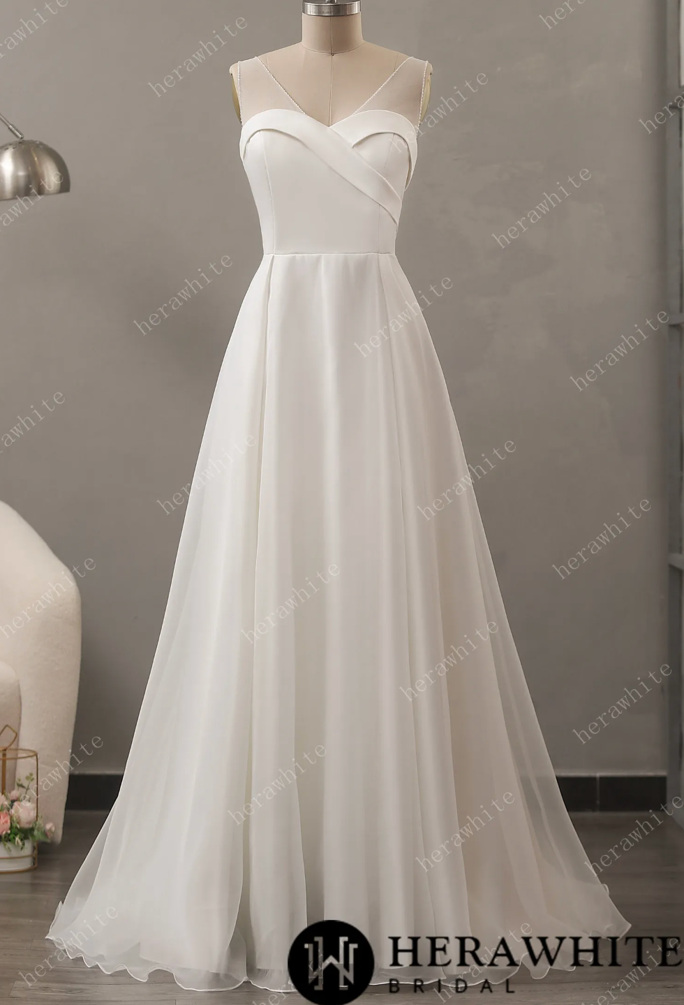 Satin A-Line Wedding Dress Tulle Bridal Gown, this soft a line wedding dress has a net illusion V neck with draped satin sweetheart