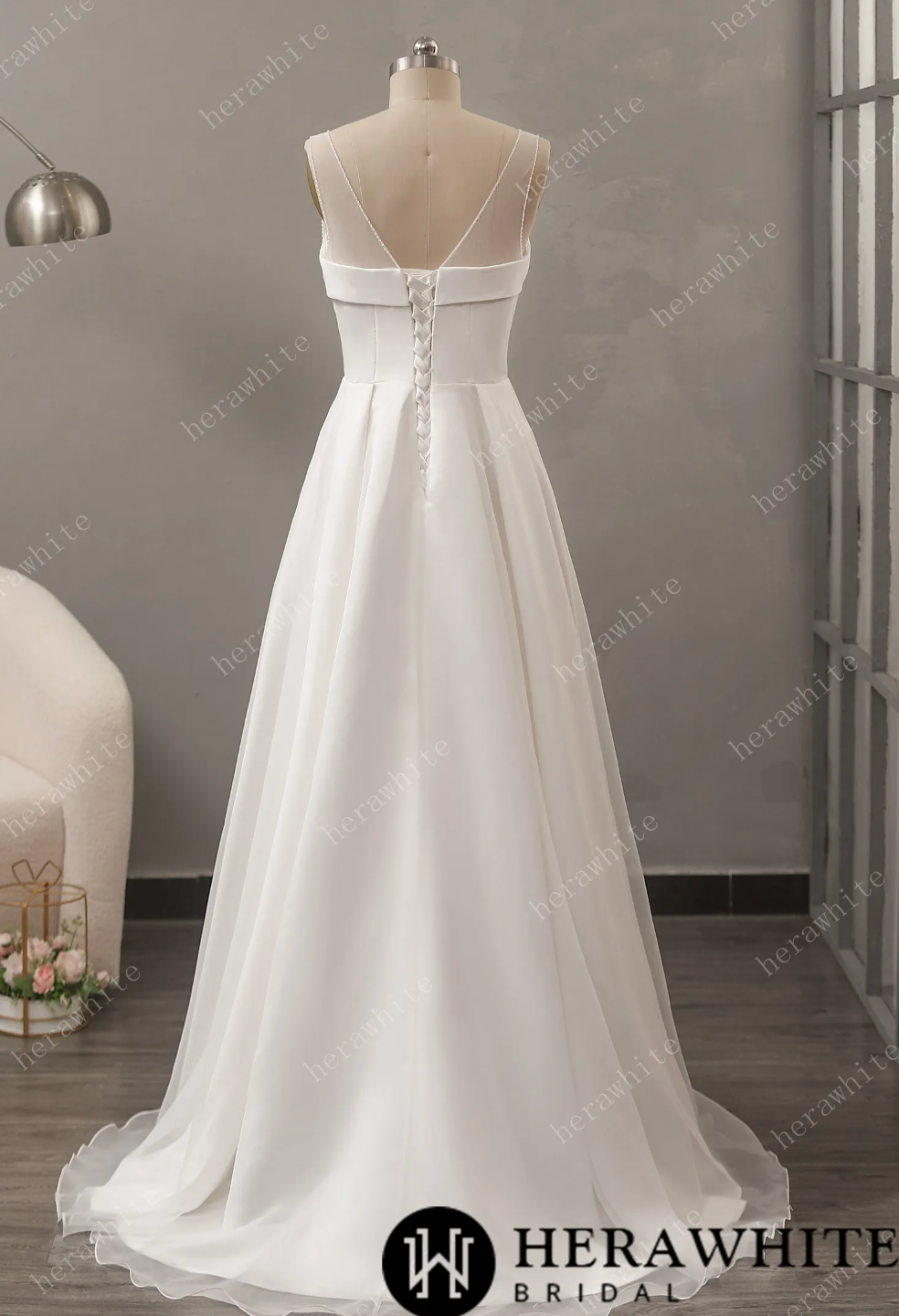 Satin A-Line Wedding Dress Tulle Bridal Gown, this soft a line wedding dress has a net illusion V neck with draped satin sweetheart