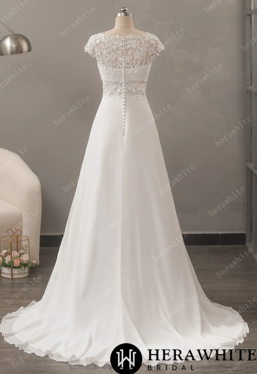A-Line Wedding Dress Chiffon Lace Bridal Gown, feel stunning in this dreamy A-line cap sleeve wedding dress. The bateau neckline