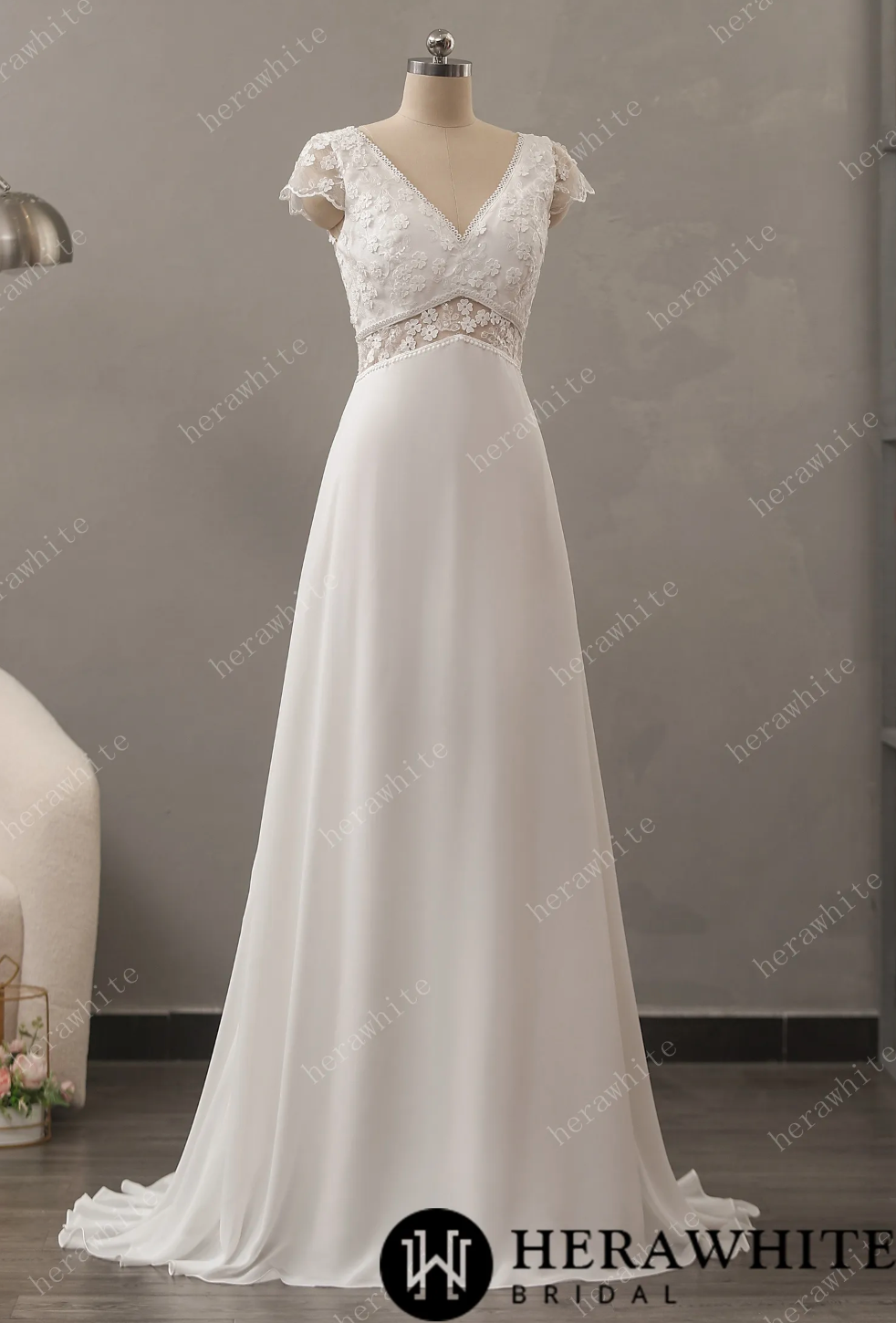 Chiffon A Line Wedding Dress Keyhole Back Bridal Gown, floral lace appliques accent the v-neck stunning bodice, meets up with