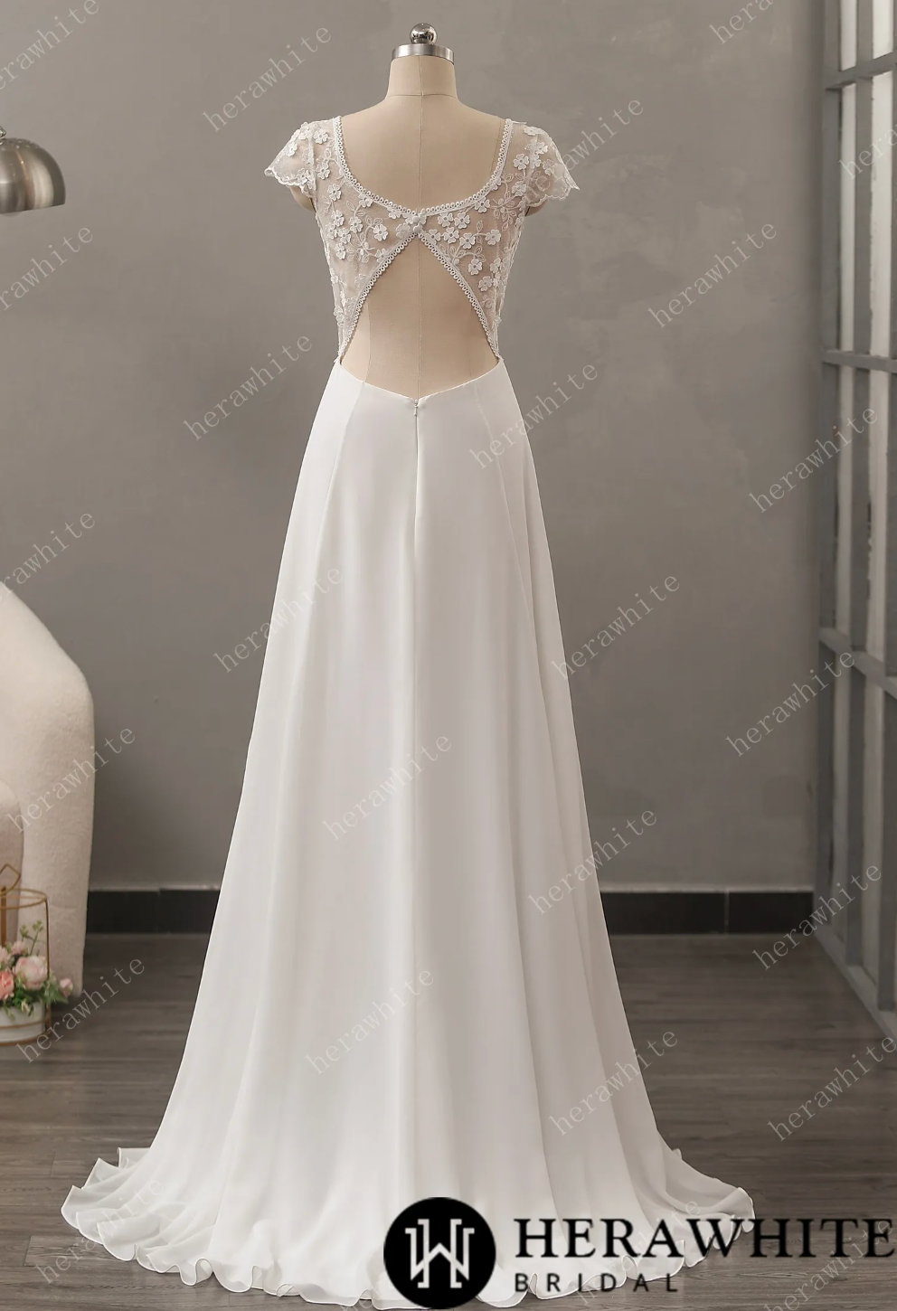 Chiffon A Line Wedding Dress Keyhole Back Bridal Gown, floral lace appliques accent the v-neck stunning bodice, meets up with